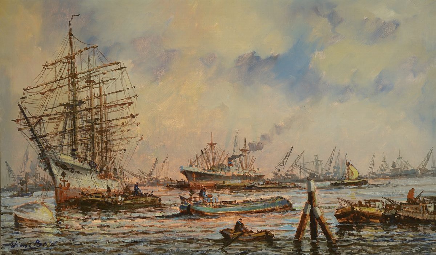 Willem (Wim) Bos, 1906-1977, Hafenansicht mit Seglern und Dampfern, Öl/Lwd, links unten signiert, ca. 60x100cm, R. ca. 78x118cm