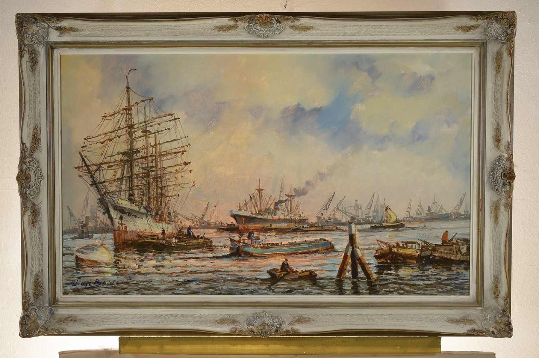 Detail k: Willem (Wim) Bos, 1906-1977, Hafenansicht mit Seglern und Dampfern, Öl/Lwd, links unten signiert, ca. 60x100cm, R. ca. 78x118cm