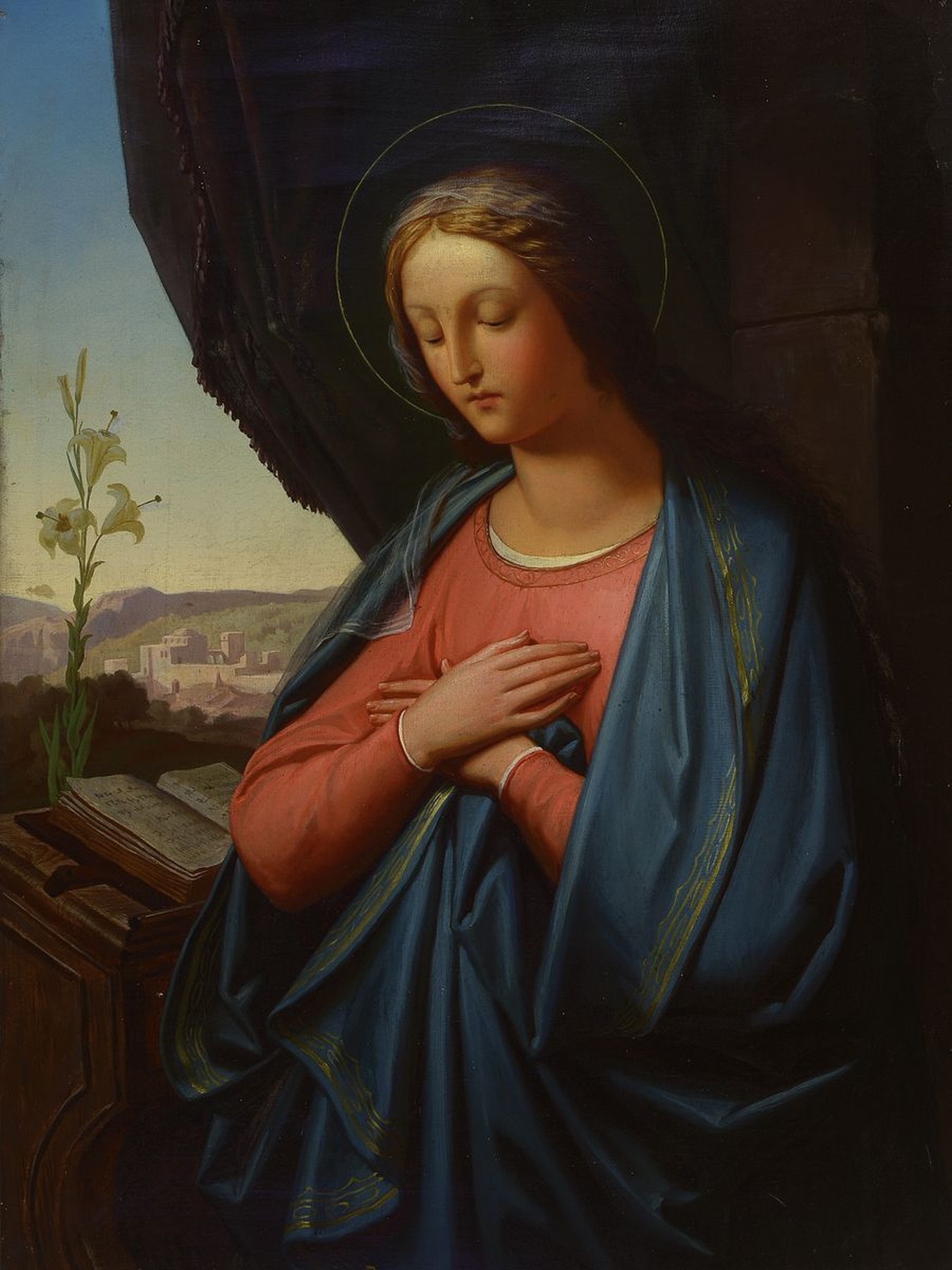 Unbekannter Künstler, Italien, 2. Hälfte 19. Jh., Maria mit Gebetbuch vor einem Fenster mit Blick in idealisierte Landschaft, Öl/Lwd, ca. 80x60cm, ...
