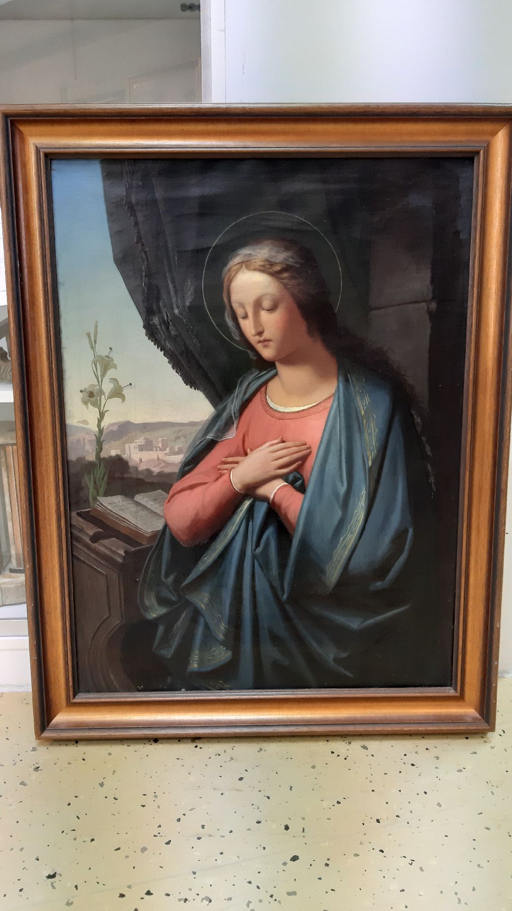 Detail b: Unbekannter Künstler, Italien, 2. Hälfte 19. Jh., Maria mit Gebetbuch vor einem Fenster mit Blick in idealisierte Landschaft, Öl/Lwd, ca. 80x60cm, ...