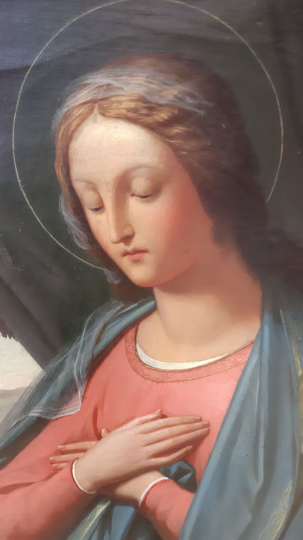Detail c: Unbekannter Künstler, Italien, 2. Hälfte 19. Jh., Maria mit Gebetbuch vor einem Fenster mit Blick in idealisierte Landschaft, Öl/Lwd, ca. 80x60cm, ...
