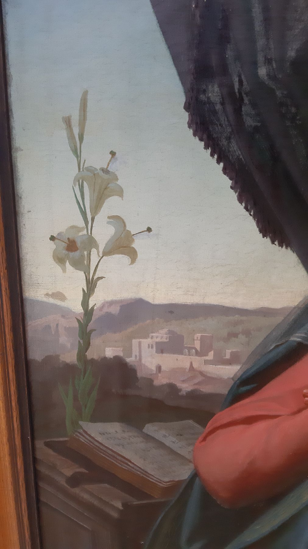 Detail d: Unbekannter Künstler, Italien, 2. Hälfte 19. Jh., Maria mit Gebetbuch vor einem Fenster mit Blick in idealisierte Landschaft, Öl/Lwd, ca. 80x60cm, ...