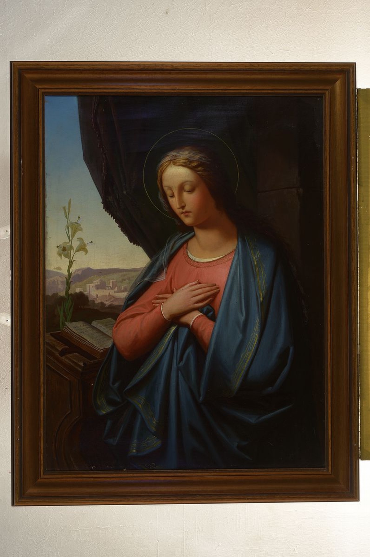 Detail k: Unbekannter Künstler, Italien, 2. Hälfte 19. Jh., Maria mit Gebetbuch vor einem Fenster mit Blick in idealisierte Landschaft, Öl/Lwd, ca. 80x60cm, ...