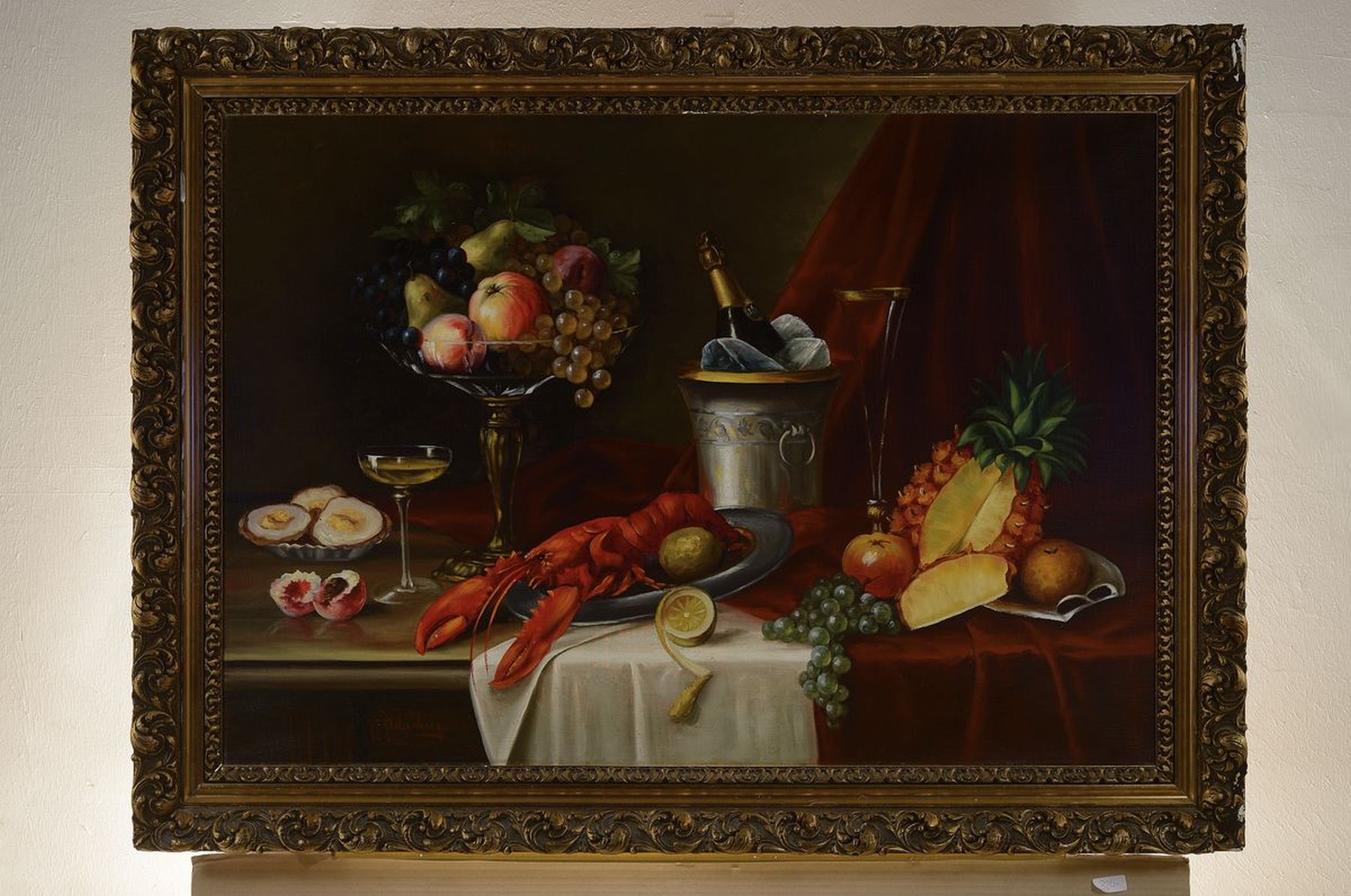 Detail k: A. E. Stolzenberg, deutscher Maler des 19./20.Jh., Üppiges Stillleben mit Hummer, Wein und Obst, Öl/Lwd, links unten signiert, ca. 70x 100cm, R. ...
