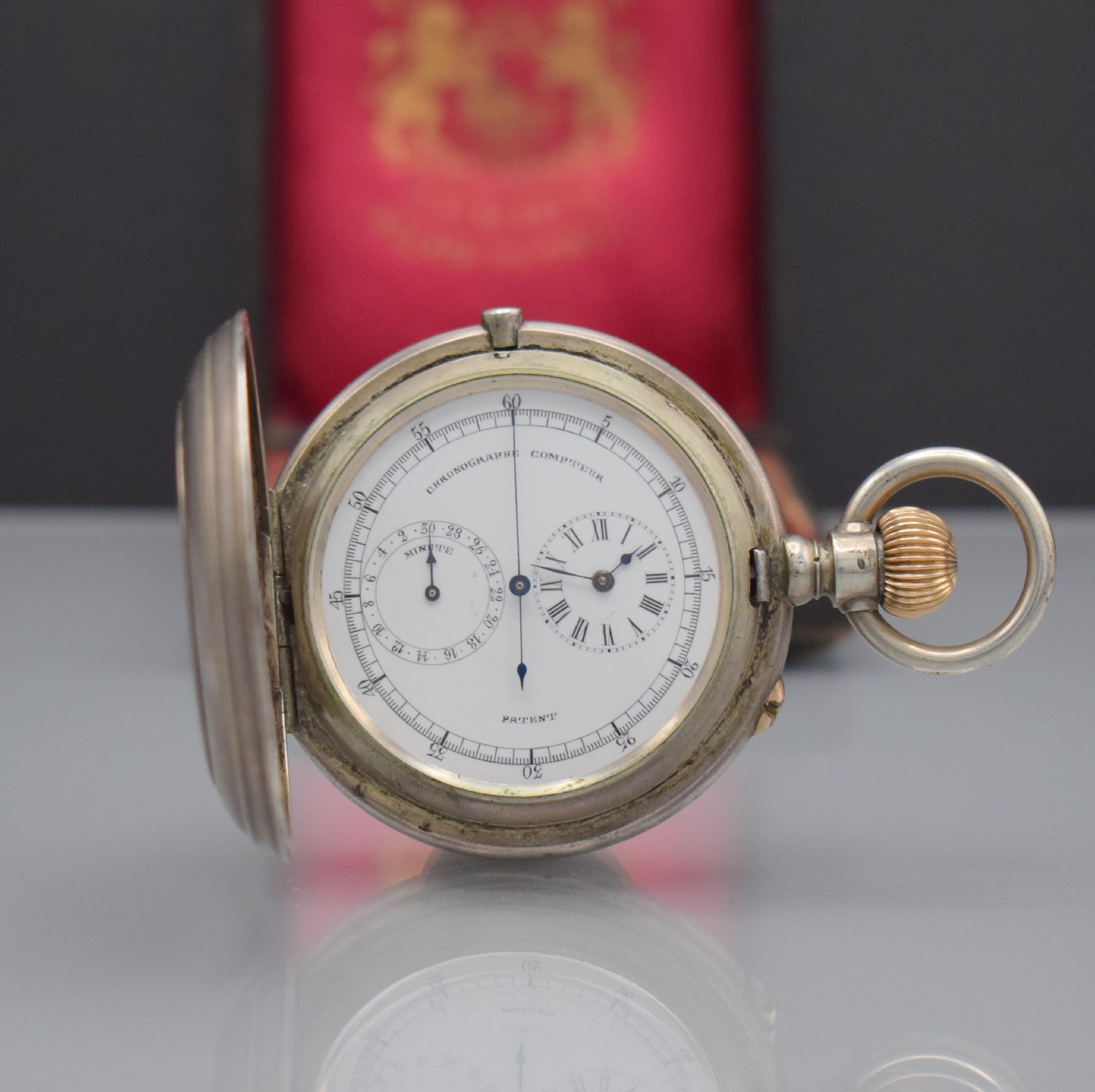 CHRONOGRAPHE COMPTEUR Savonette in Silber mit Chronograph, Schweiz um 1890, massives 3-Deckel Geh. in Silber 800/000, Sprungdeckel m. Inhabergravur, ...