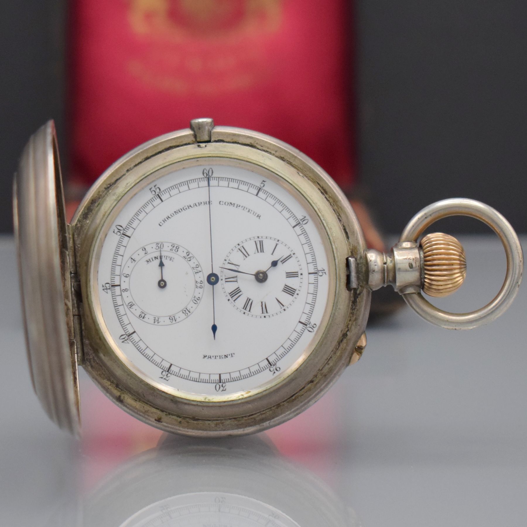 Detail a: CHRONOGRAPHE COMPTEUR Savonette in Silber mit Chronograph, Schweiz um 1890, massives 3-Deckel Geh. in Silber 800/000, Sprungdeckel m. Inhabergravur, ...