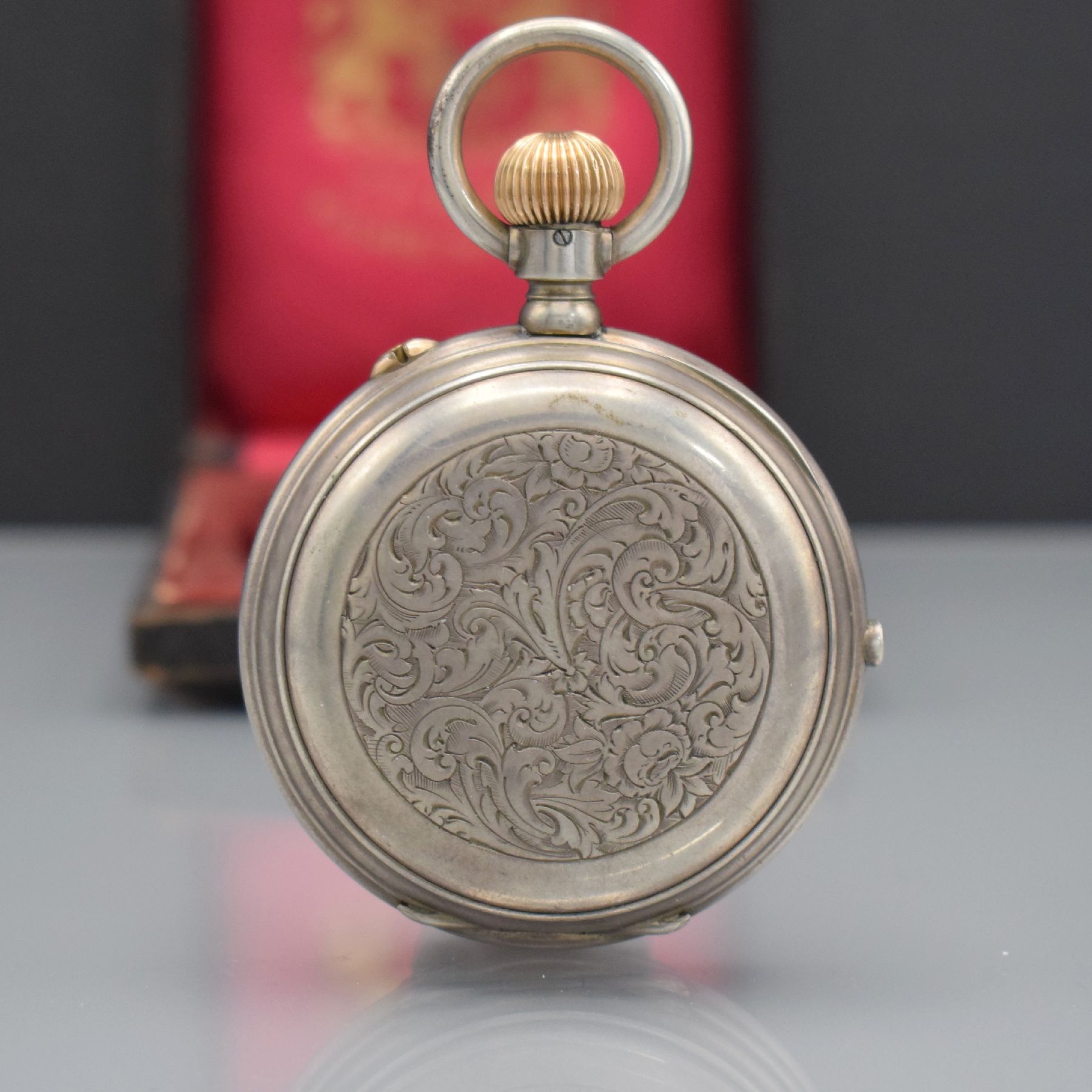 Detail c: CHRONOGRAPHE COMPTEUR Savonette in Silber mit Chronograph, Schweiz um 1890, massives 3-Deckel Geh. in Silber 800/000, Sprungdeckel m. Inhabergravur, ...