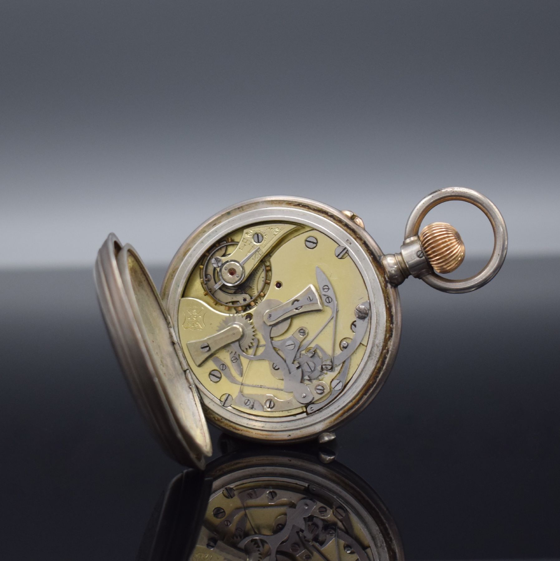 Detail h: CHRONOGRAPHE COMPTEUR Savonette in Silber mit Chronograph, Schweiz um 1890, massives 3-Deckel Geh. in Silber 800/000, Sprungdeckel m. Inhabergravur, ...