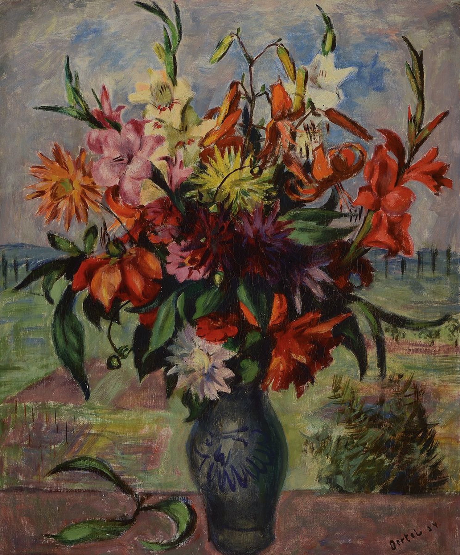 Wilhelm Oertel, 1870 Frankfurt/M.-1933 Mannheim, Großes Blumenstillleben vor Landschaft, Öl/Lwd, rechts unten signiert, ca. 85x70cm, R. ca. 99x84xm