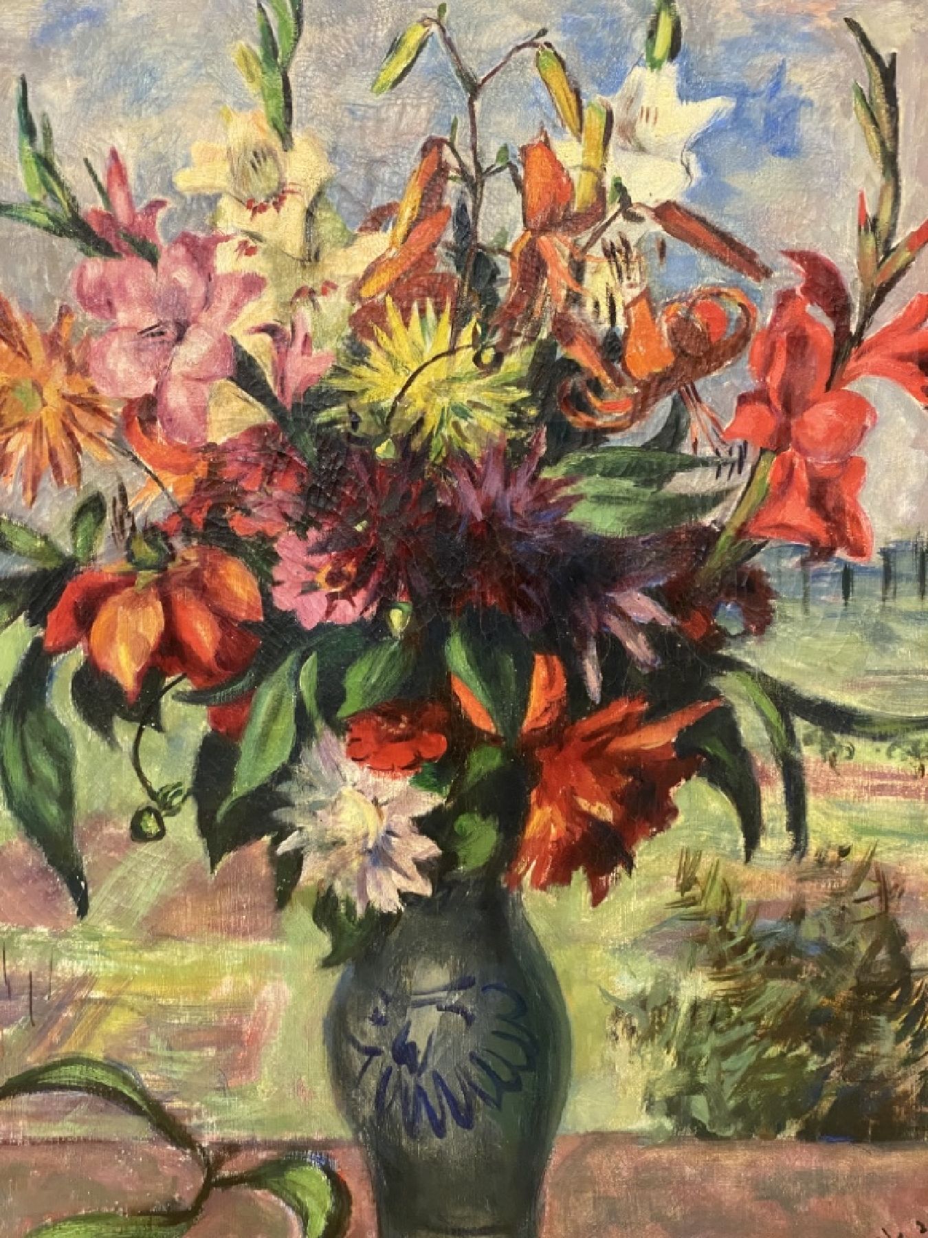 Detail a: Wilhelm Oertel, 1870 Frankfurt/M.-1933 Mannheim, Großes Blumenstillleben vor Landschaft, Öl/Lwd, rechts unten signiert, ca. 85x70cm, R. ca. 99x84xm