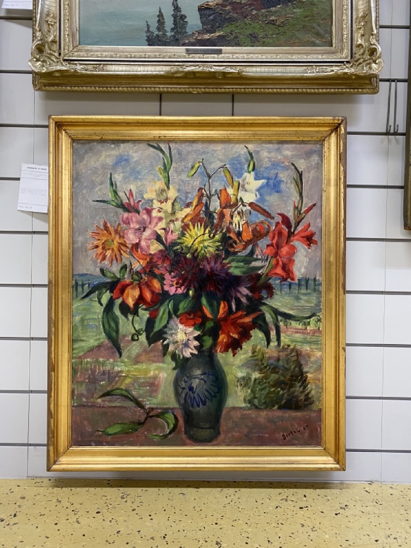 Detail b: Wilhelm Oertel, 1870 Frankfurt/M.-1933 Mannheim, Großes Blumenstillleben vor Landschaft, Öl/Lwd, rechts unten signiert, ca. 85x70cm, R. ca. 99x84xm