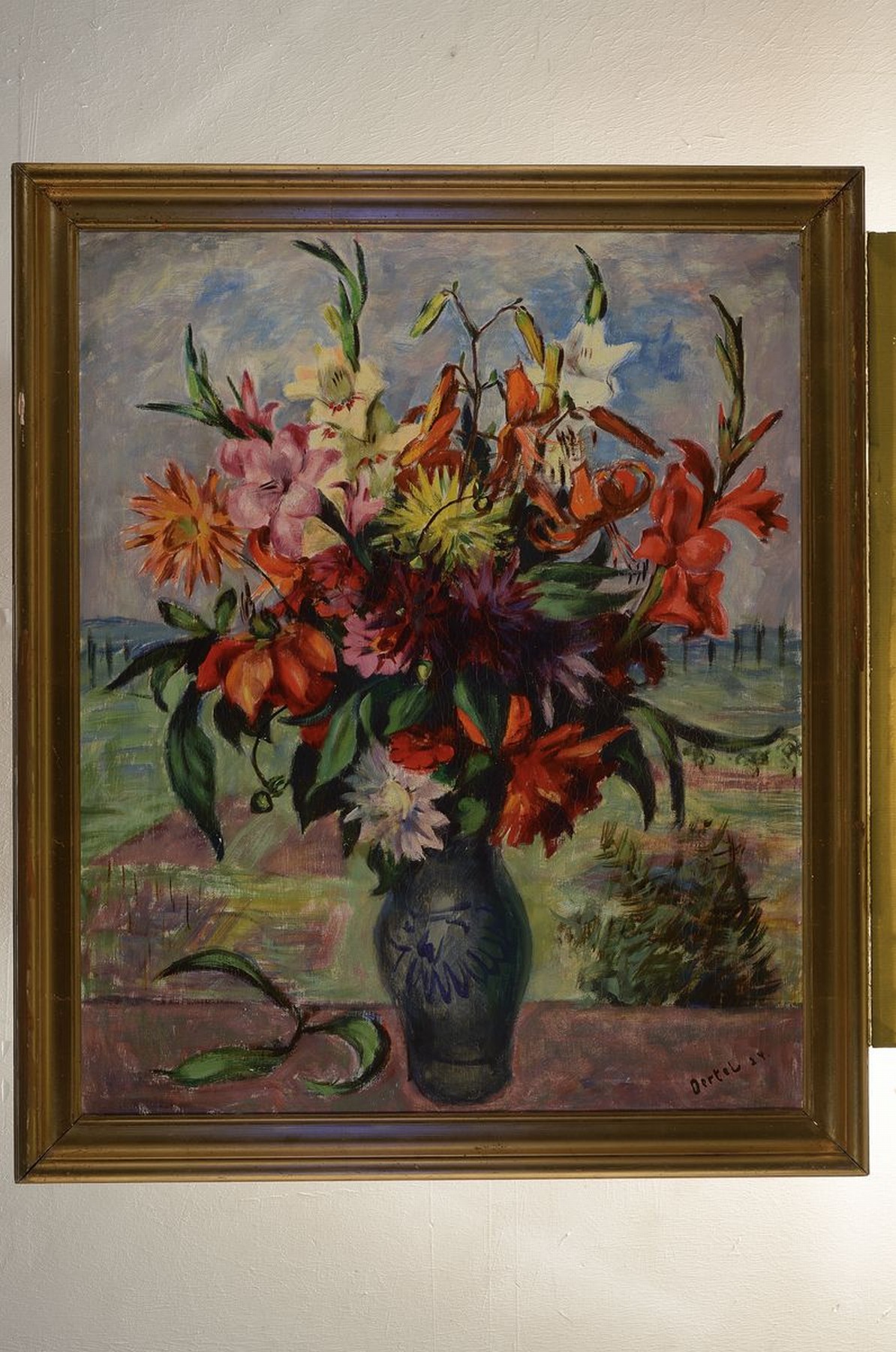 Detail k: Wilhelm Oertel, 1870 Frankfurt/M.-1933 Mannheim, Großes Blumenstillleben vor Landschaft, Öl/Lwd, rechts unten signiert, ca. 85x70cm, R. ca. 99x84xm