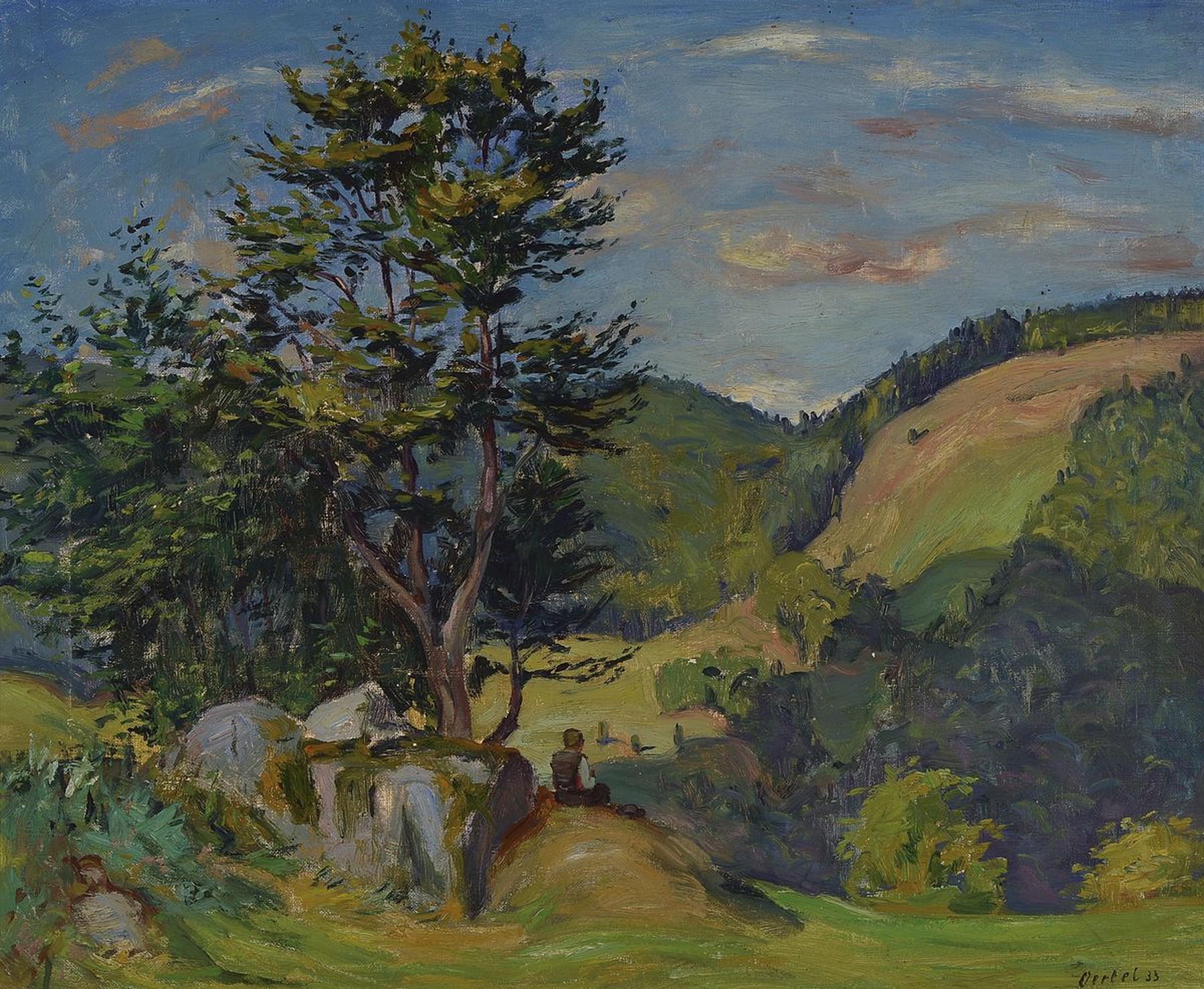 Wlhelm Oertel, 1870 Frankfurt/M.-1933 Mannheim, Sommerliche Landschaft mit rastendem Wanderer, Öl/Lwd, rechts unten signiert und dat. 33, ca. ...