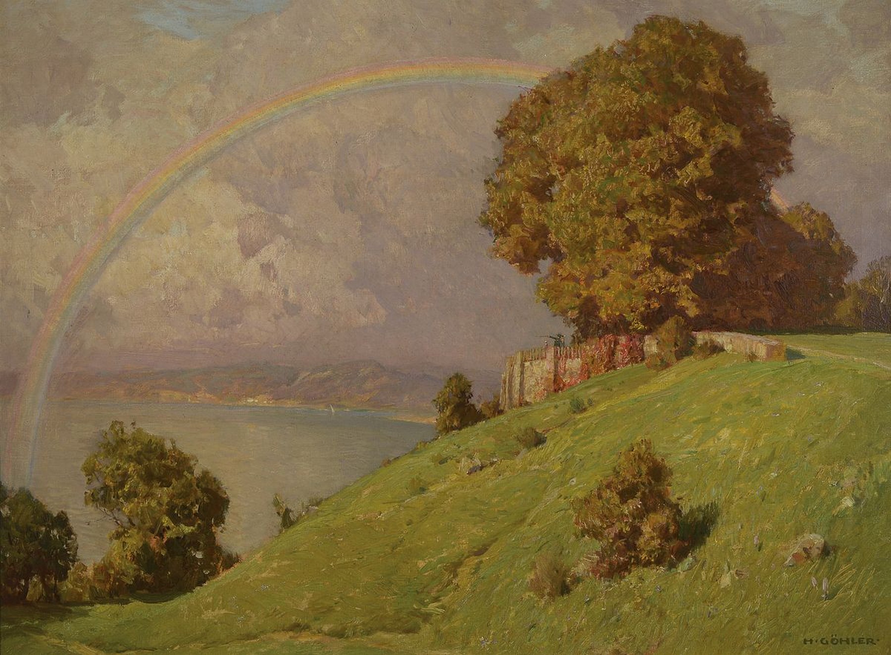 Hermann Göhler, 1874 Neustadt/Wstr.-1959 Karlsruhe, Landschaft mit Regenbogen (Ammersee), rückseitig so betitelt, Öl/Lwd, rechts unten signiert, ...