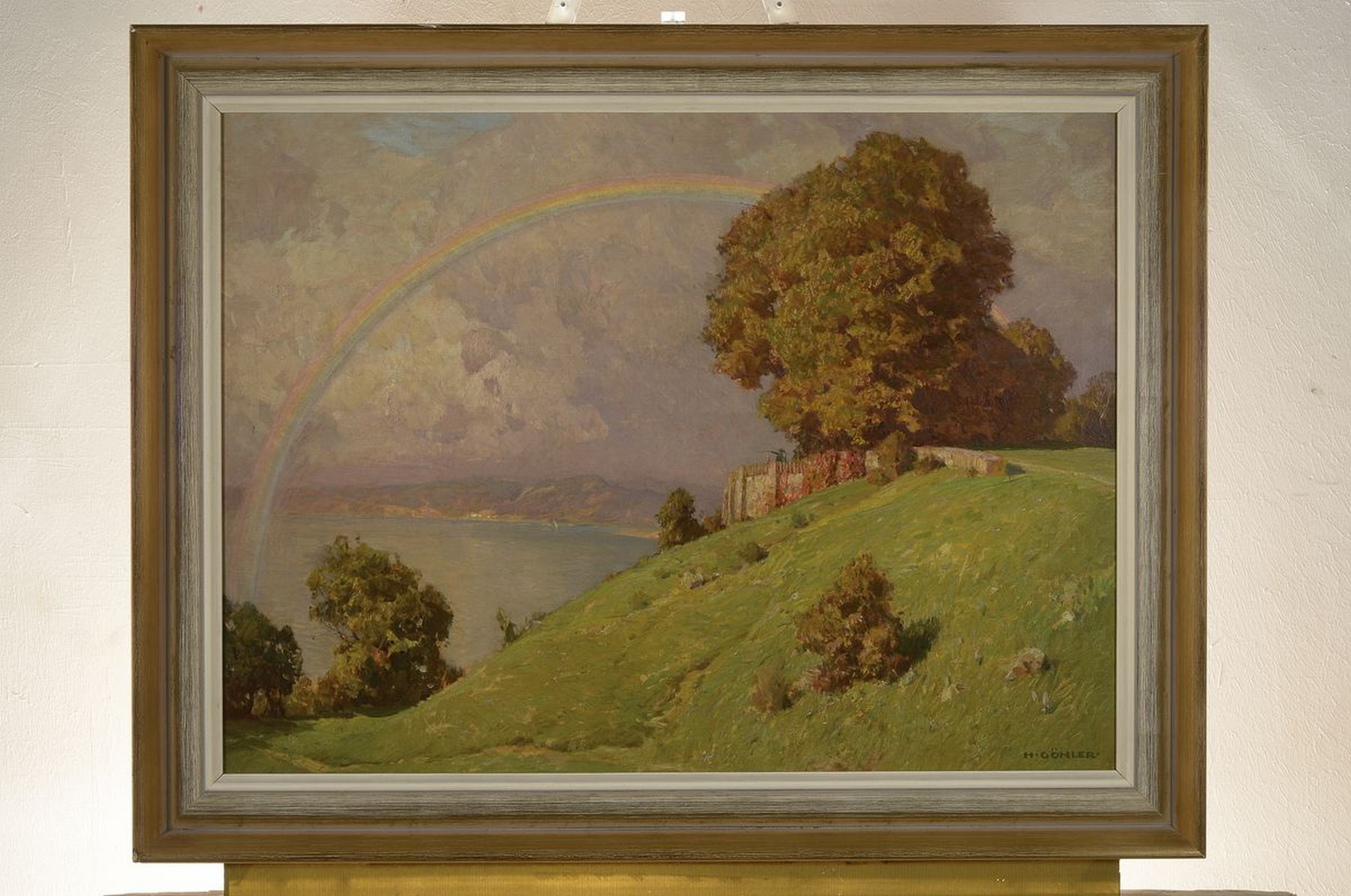 Detail k: Hermann Göhler, 1874 Neustadt/Wstr.-1959 Karlsruhe, Landschaft mit Regenbogen (Ammersee), rückseitig so betitelt, Öl/Lwd, rechts unten signiert, ...