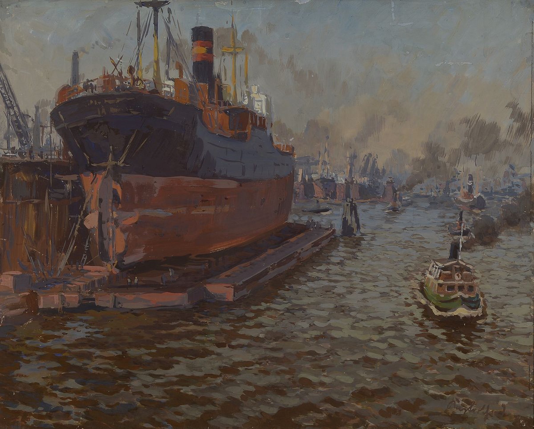 Hermann Kupferschmid, 1885 Waldshut-1975 Achern, Blick in den Hamburger Hafen, Gouache auf Papier, rechts unten signiert, ca. 45x58cm, u.Gl., R. ca. ...