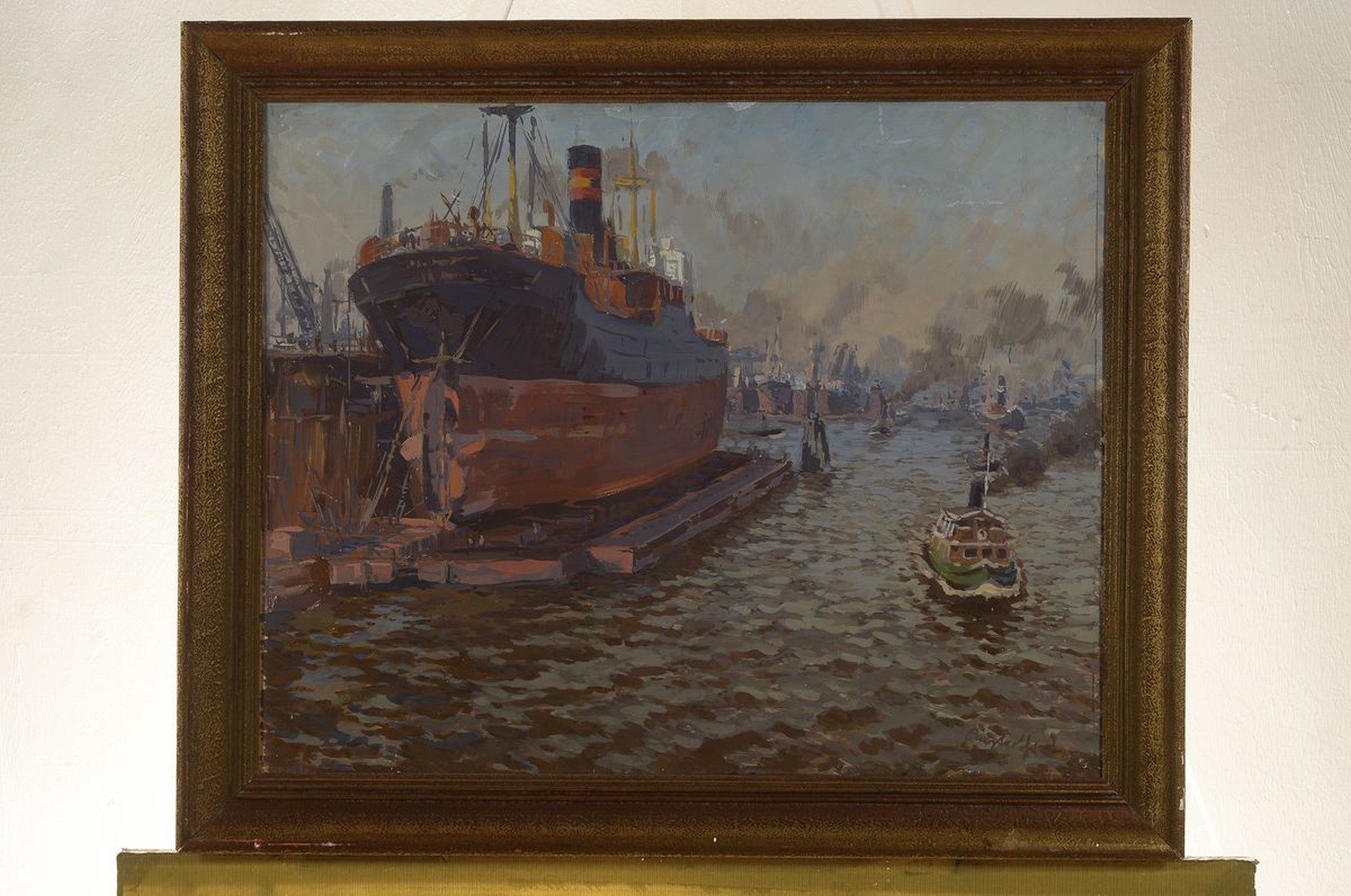 Detail k: Hermann Kupferschmid, 1885 Waldshut-1975 Achern, Blick in den Hamburger Hafen, Gouache auf Papier, rechts unten signiert, ca. 45x58cm, u.Gl., R. ca. ...