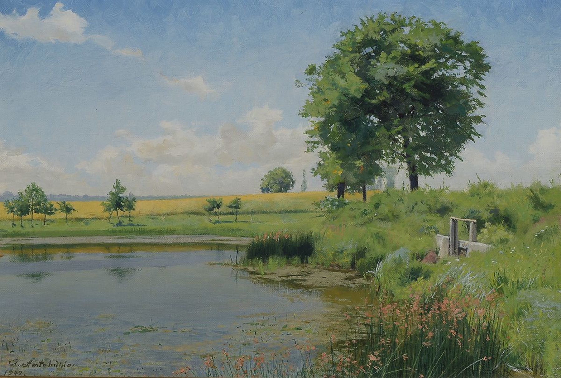 Richard Amtsbühler, 1873 Lautenbach-1961 Karlsruhe, Blühende Binsen am Feldteich bei Schlewen im Warthegau, rückseitig so betitelt, Öl/Lwd, links ...