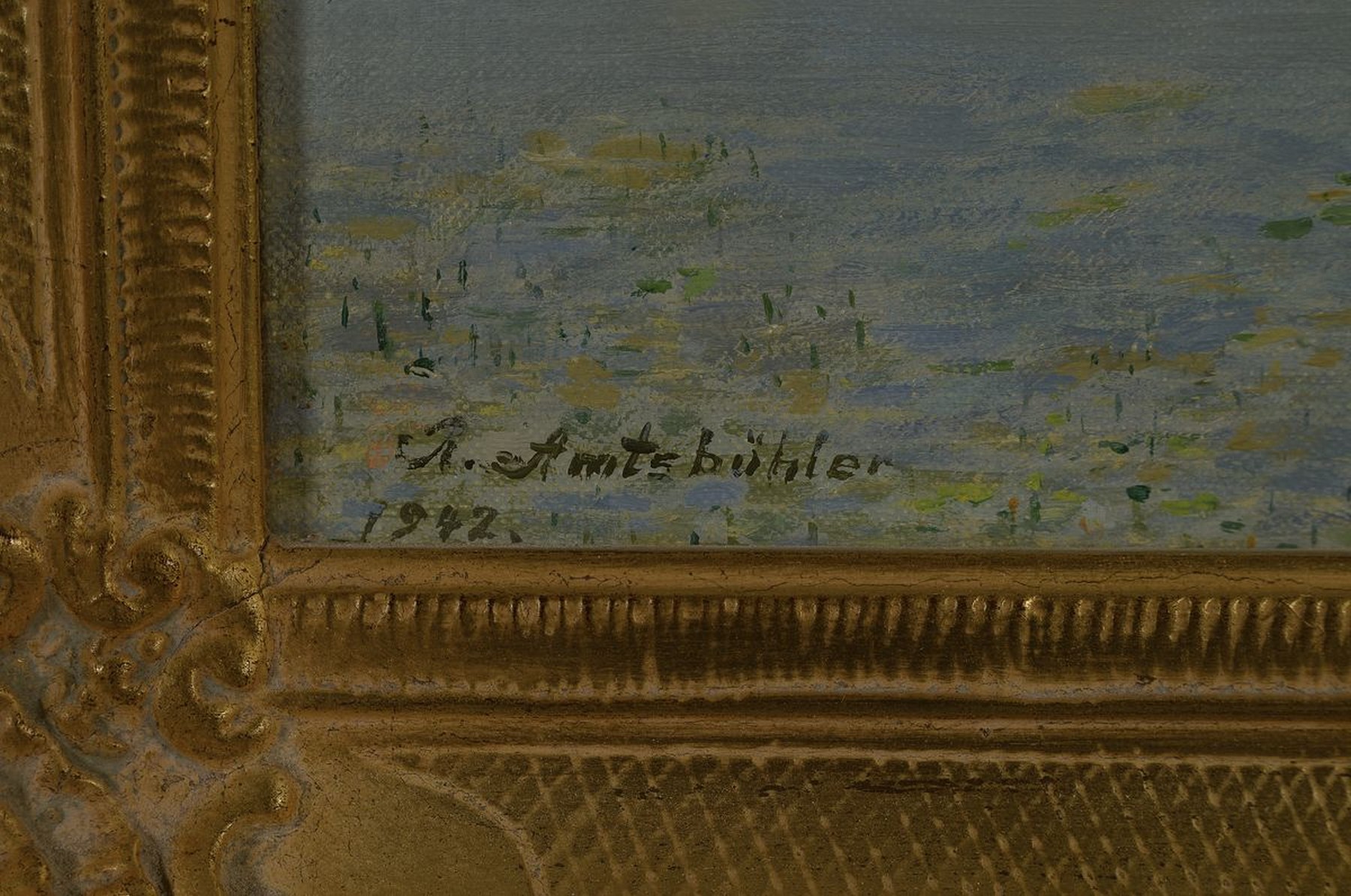 Detail a: Richard Amtsbühler, 1873 Lautenbach-1961 Karlsruhe, Blühende Binsen am Feldteich bei Schlewen im Warthegau, rückseitig so betitelt, Öl/Lwd, links ...