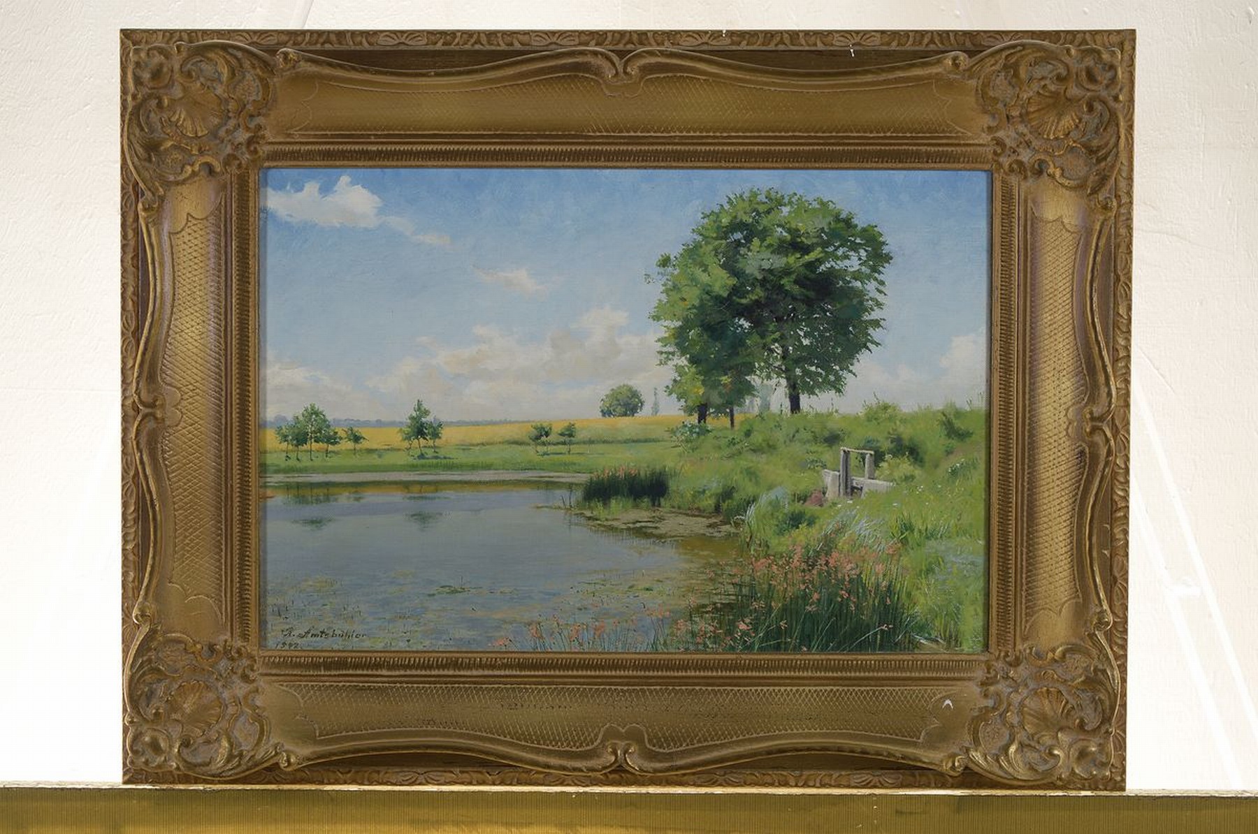 Detail k: Richard Amtsbühler, 1873 Lautenbach-1961 Karlsruhe, Blühende Binsen am Feldteich bei Schlewen im Warthegau, rückseitig so betitelt, Öl/Lwd, links ...