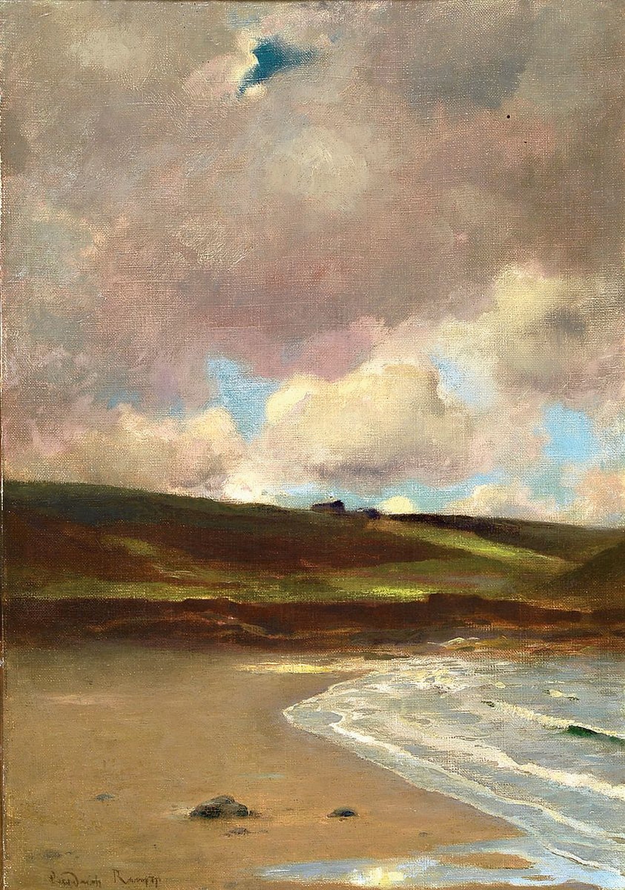 Friedrich Raupp, 1871 Nürnberg - 1949 München, Küstenansicht, Öl/Malkarton, li. u. signiert, ca. 47 x 34 cm, breiter Holzrahmen