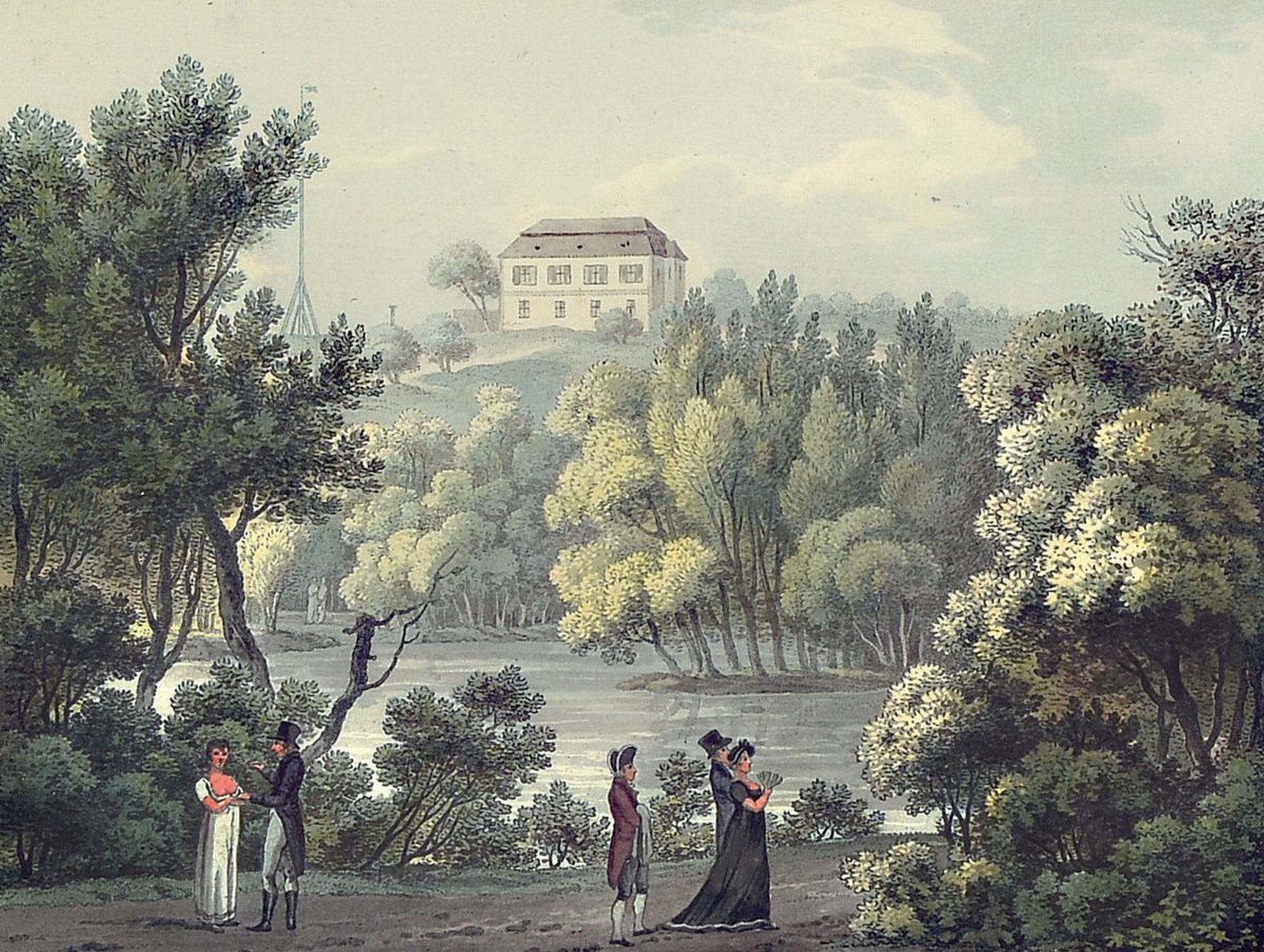 Detail a: Zwei Aquarelle, um 1830, Ansichten von Töplitz, auf Papier, l. gebräunt, 13 x 17 cm,unter Glas, Rahmen: ca. 36 x 40 cm