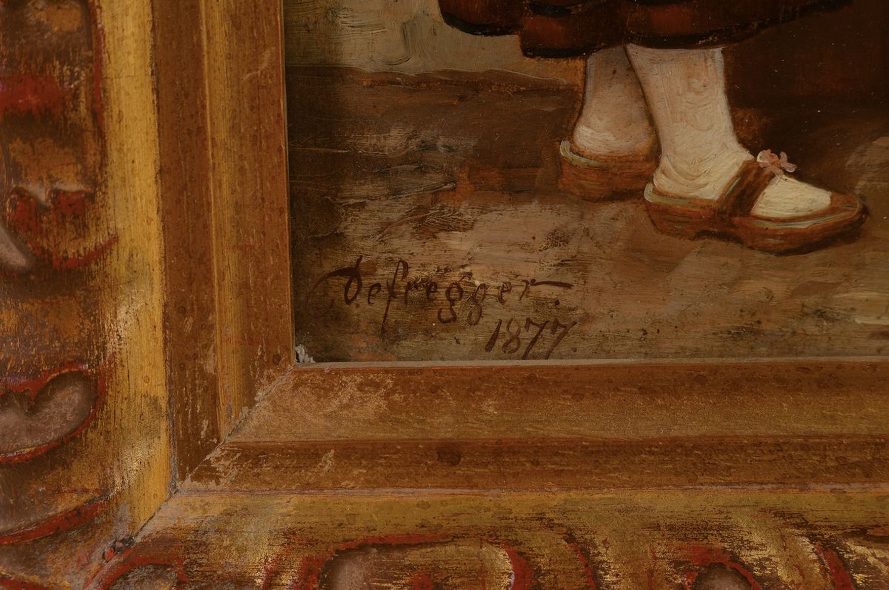 Detail a: Umkreis Franz von Defregger, 1835 Stronach - München 1921, Abschied der Jäger, Genreszene mit Jägern und Dirndl in der Hütte, herzlicher Abschied ...