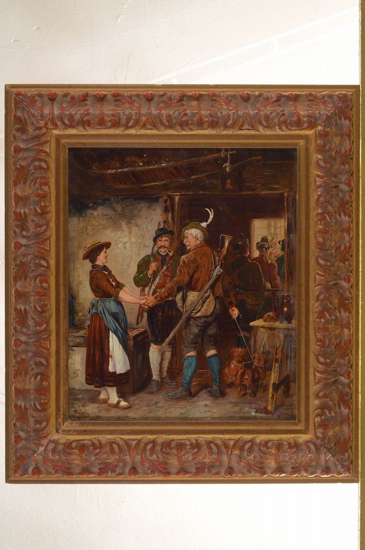 Detail k: Umkreis Franz von Defregger, 1835 Stronach - München 1921, Abschied der Jäger, Genreszene mit Jägern und Dirndl in der Hütte, herzlicher Abschied ...