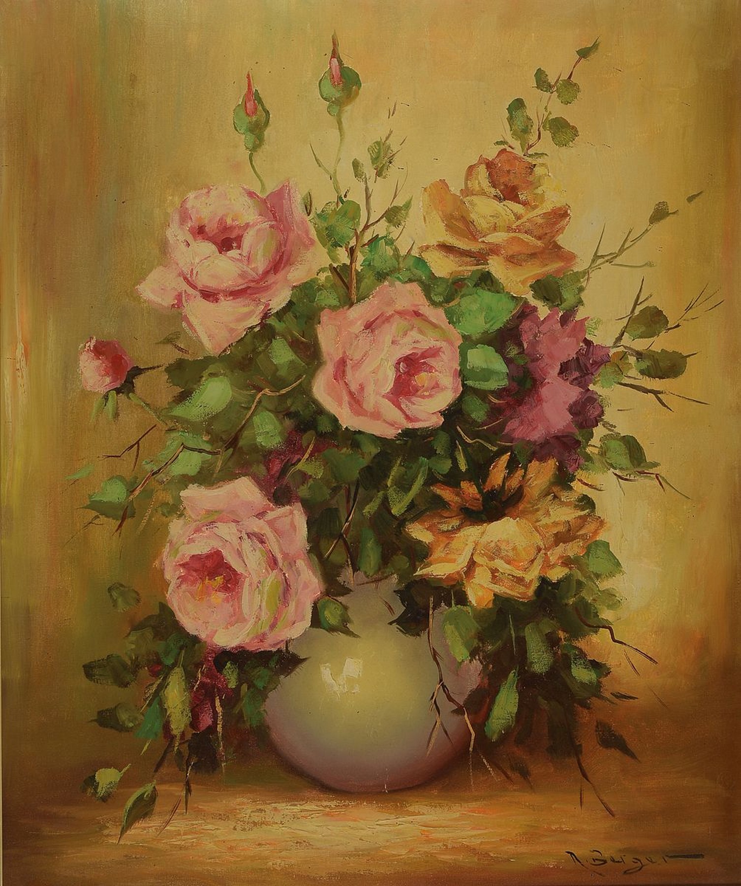 R. Berger, deutscher Traditionalist, 20. Jh., Stillleben mit Rosen, Öl/Lwd, rechts unten signiert, ca. 60x50cm, R. ca. 72x62cm