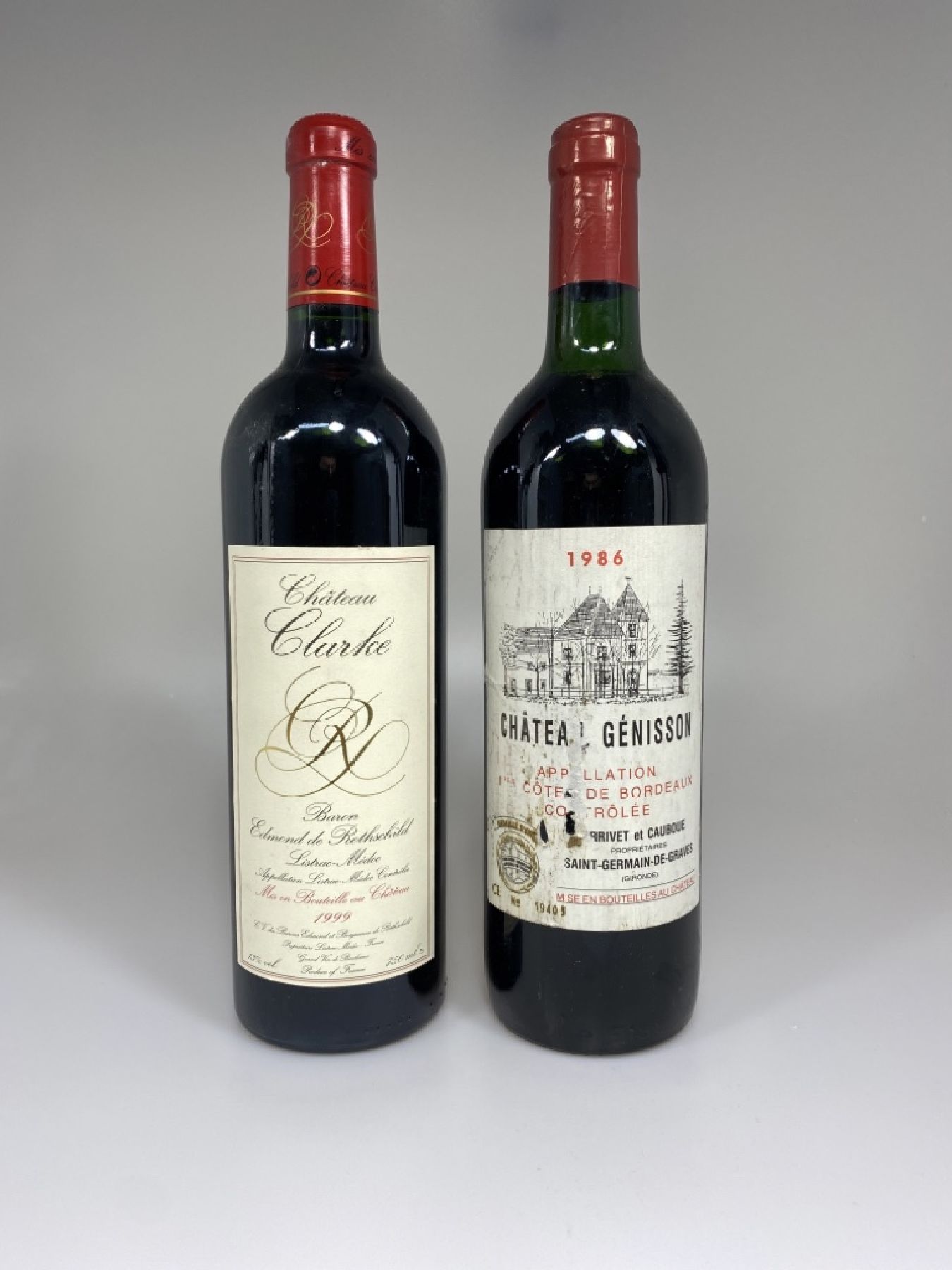 Detail b: 16 Flaschen italienischer und französischer Rotwein: 1986 Chateau Genisson, Saint- Germain-De-Graves; 4 Fl. 1999 Ch. Clarke Baron Edmond de ...