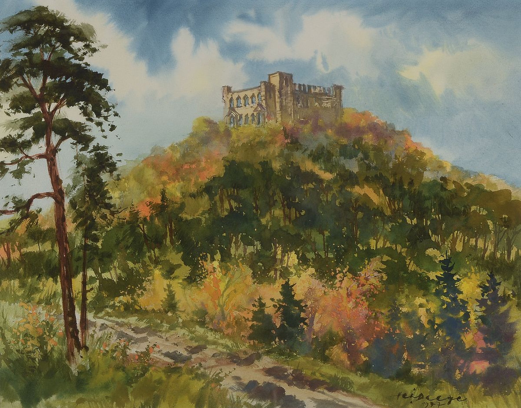 Heiner Deege, 1920-2007 Haßloch, Herbst am Hambacher Schloß, Gouache auf Papier, rechts unten signiert und dat. 1977, ca. 53x68cm, PP, u.Gl., R. ...