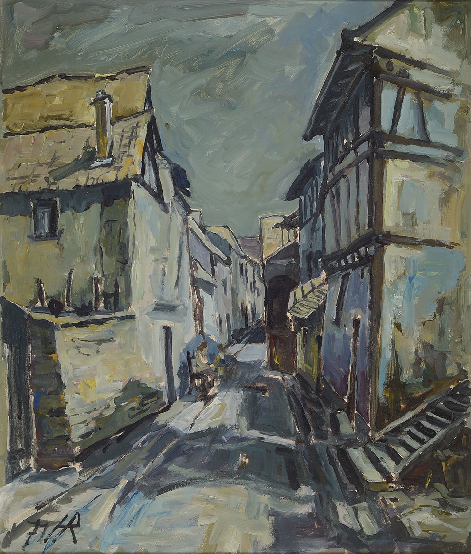 Heinz Reiss, 1923-2012 Haßloch, Schüler von Philipp Steinmetz, Mitglied der Künstlergruppe worbs, hier: Blick in eine Gasse, Öl/Lwd, links unten ...