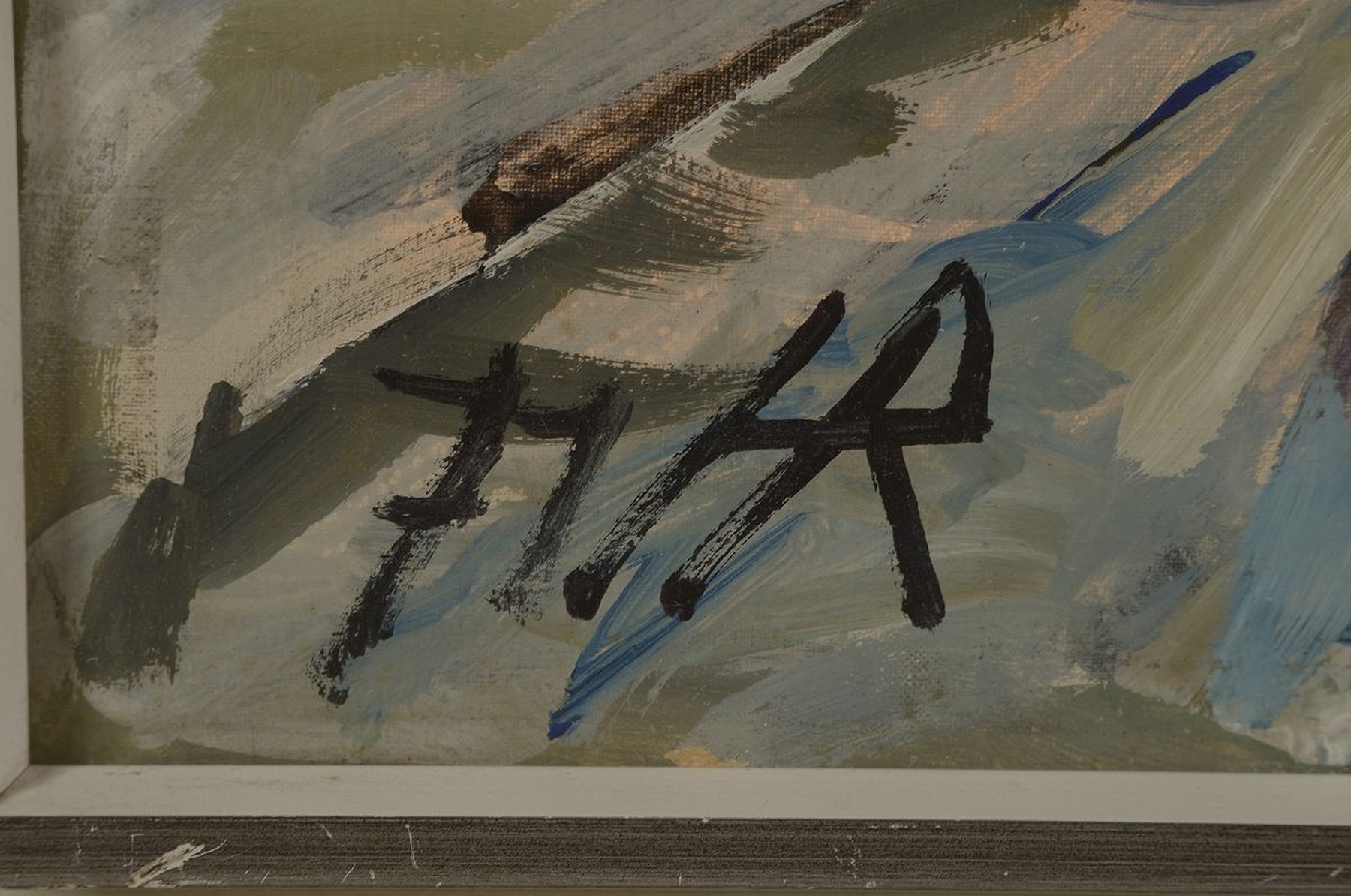 Detail a: Heinz Reiss, 1923-2012 Haßloch, Schüler von Philipp Steinmetz, Mitglied der Künstlergruppe worbs, hier: Blick in eine Gasse, Öl/Lwd, links unten ...