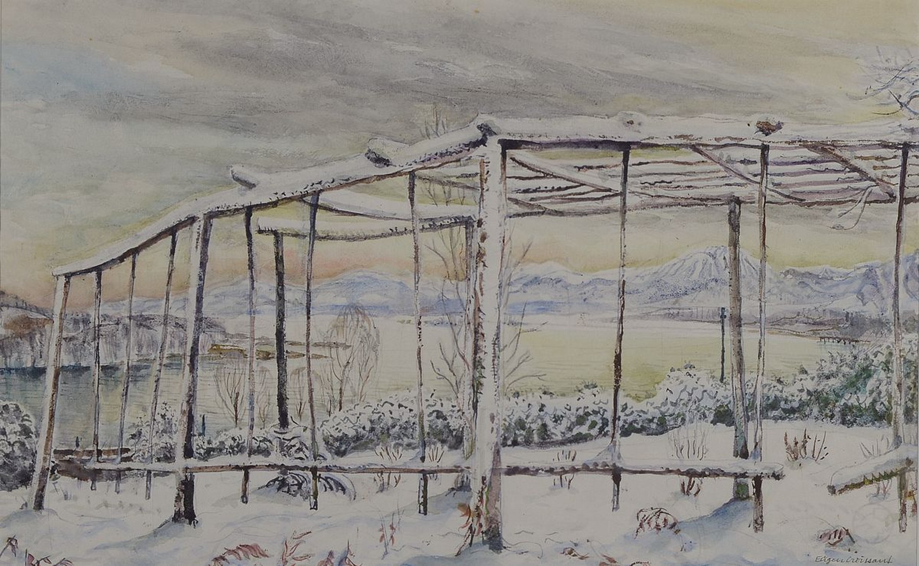 Eugen Croissant, 1898 Landau-1976 Breitbrunn, verschneite Winterlandschaft, Aquarell auf Papier, rechts unten signiert, ca. 30x47cm, PP, u.Gl., R. ...