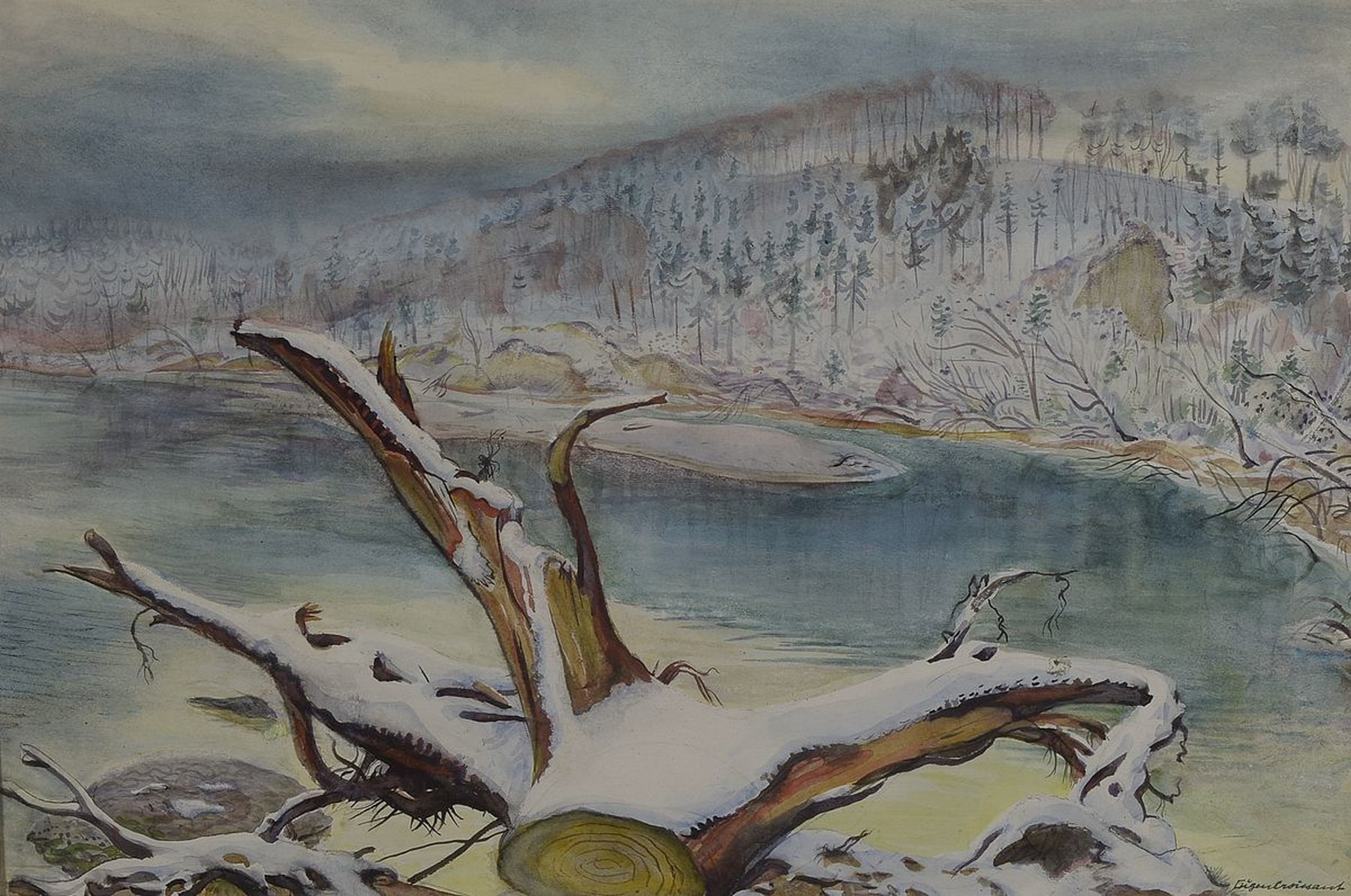 Eugen Croissant, 1898 Landau-1976 Breitbrunn, verschneite Winterlandschaft, Aquarell auf Papier, rechts unten signiert, ca. 30x47cm, PP, u.Gl., R. ...