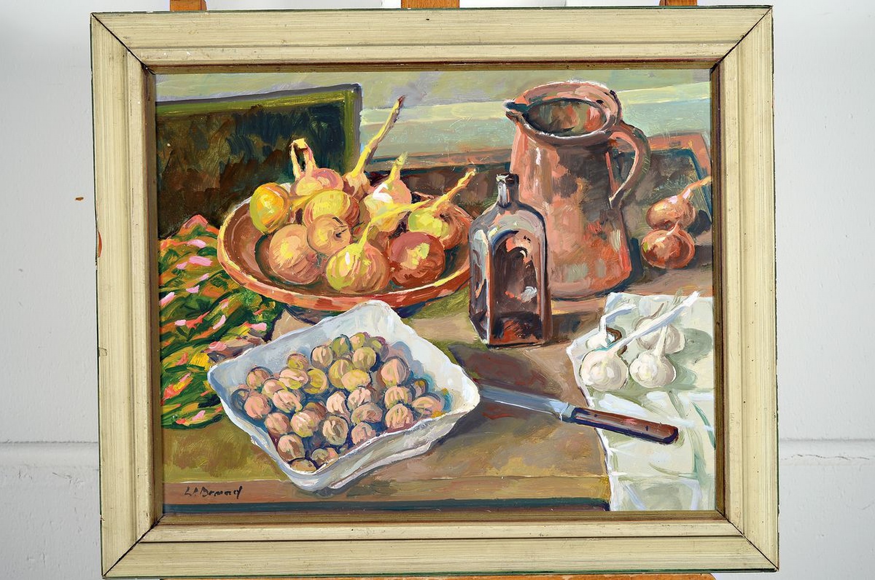 Detail k: Werner Brand, geb. 1933, Stillleben mit Zwiebeln, Nüssen und Knoblauch, Öl/Malkarton, links unten signiert, ca. 40x50cm, R. ca. 48x58cm
