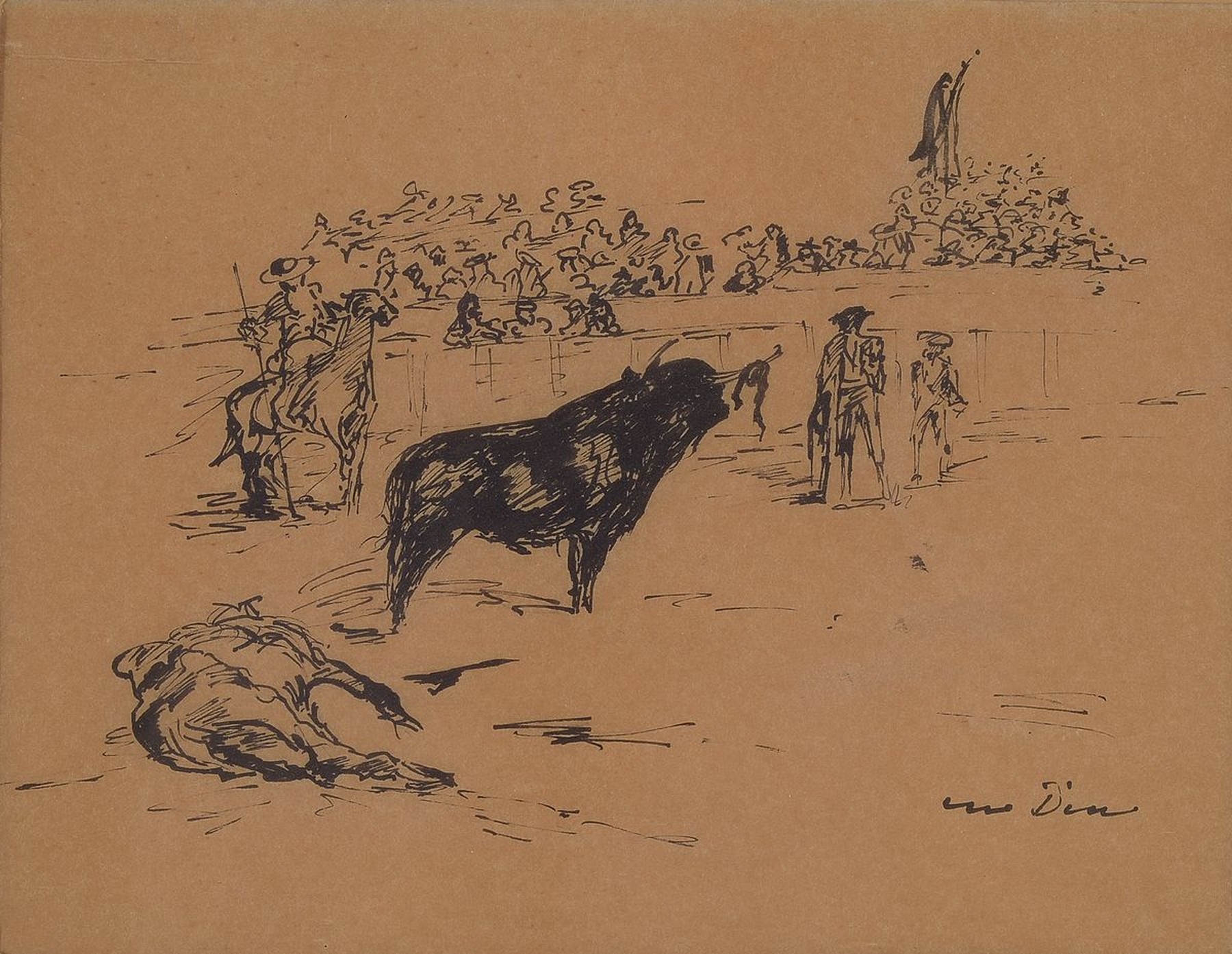 Otto Dill, 1884 Neustadt - 1957 Bad Dürkheim, Tuschfederzeichnung, Stierkampfszene, li. unten signiert, ca. 22 x 28 cm
