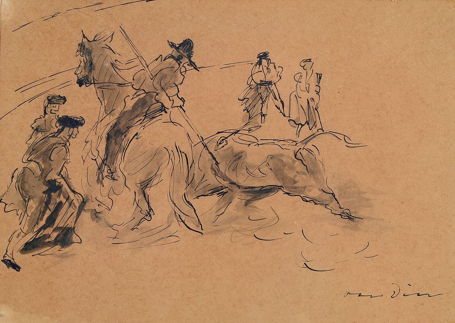 Otto Dill, 1884 Neustadt - 1957 Bad Dürkheim, Tuschfederzeichnung, Stierkampfszene, li. u. signiert, ca. 20 x 27.5 cm, unter Glas, rahmen