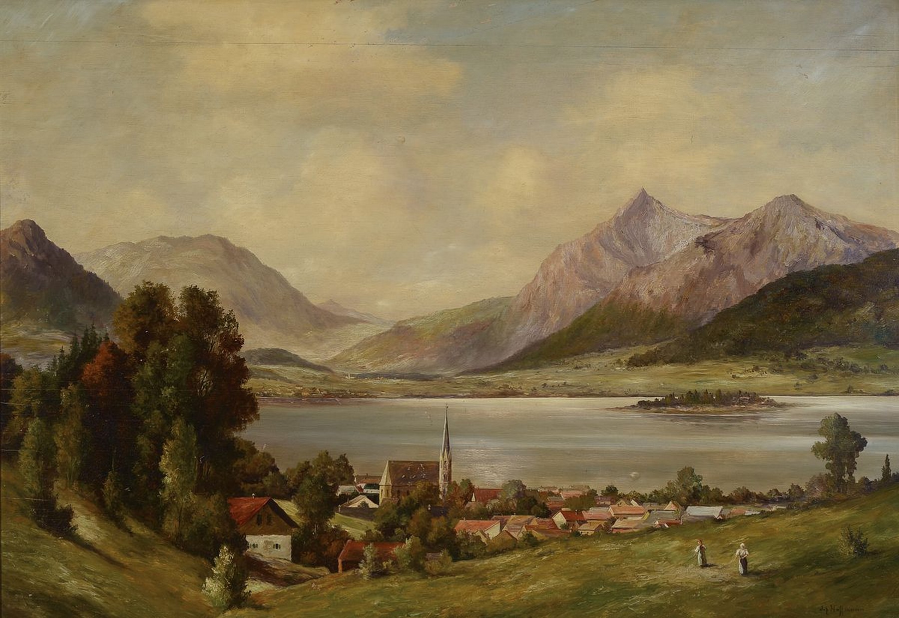 Johann Hoffmann, deutscher Maler, 19. Jh., weite Landschaft im Vorgebirge mit einem Dorf am Seeufer, Öl/Holz, rechts unten signiert Joh. Hoffmann, ...