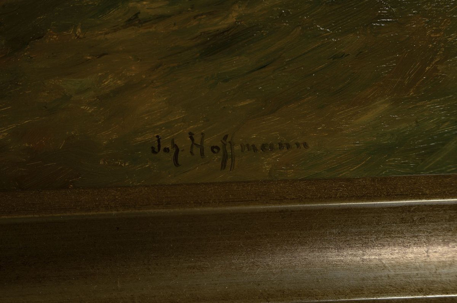 Detail a: Johann Hoffmann, deutscher Maler, 19. Jh., weite Landschaft im Vorgebirge mit einem Dorf am Seeufer, Öl/Holz, rechts unten signiert Joh. Hoffmann, ...
