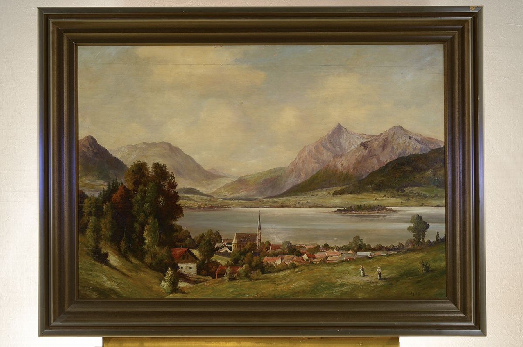 Detail k: Johann Hoffmann, deutscher Maler, 19. Jh., weite Landschaft im Vorgebirge mit einem Dorf am Seeufer, Öl/Holz, rechts unten signiert Joh. Hoffmann, ...