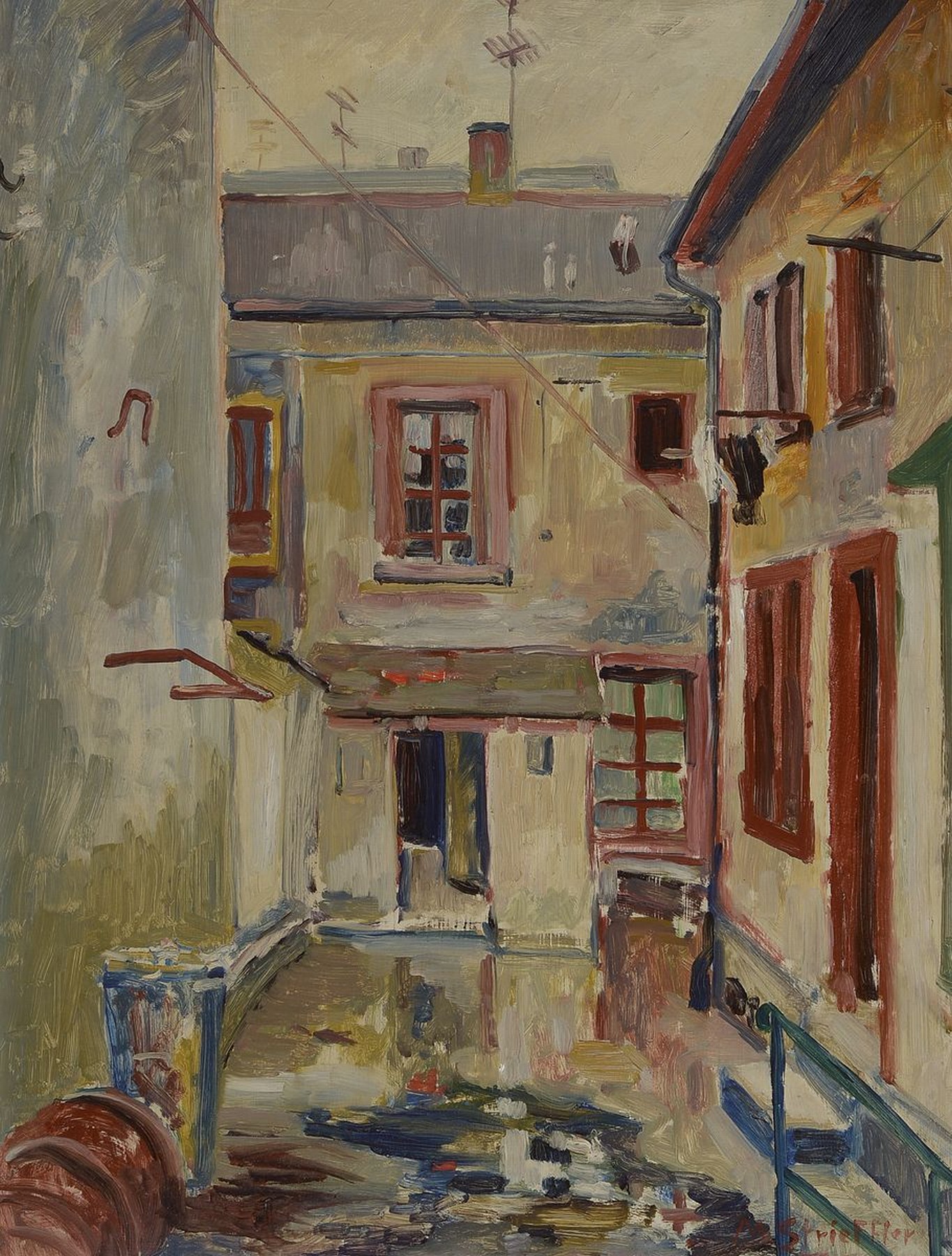 Marie Strieffler, 1917-1987 Landau, Blick in einen Hinterhof, Öl/Malkarton, rechts unten signiert, ca. 80x60cm, R. ca. 90x70cm