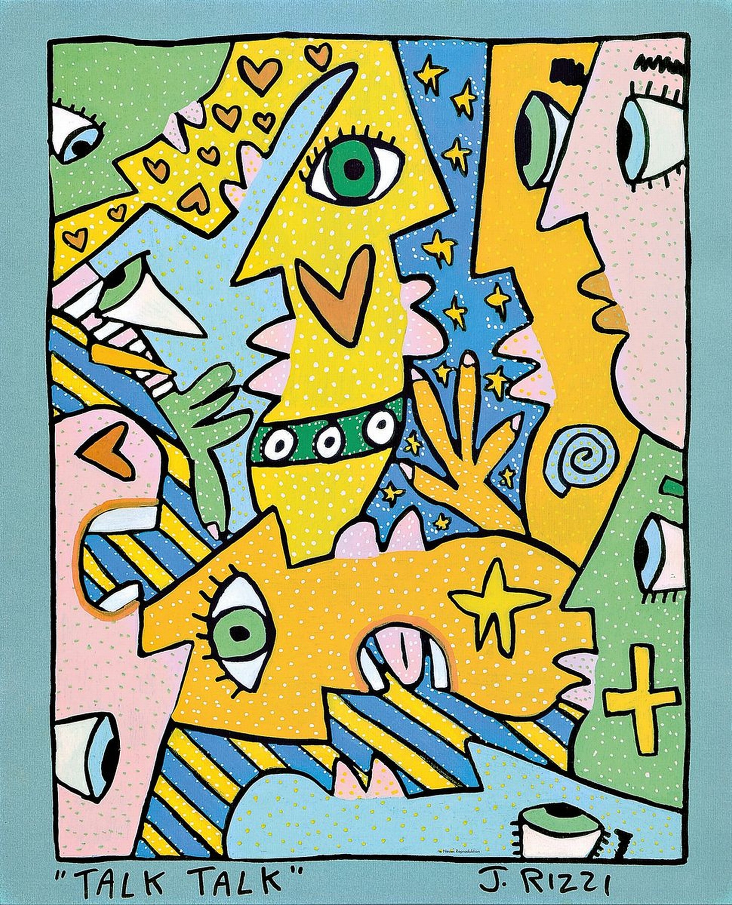 James Rizzi, 1930-2011, Lithografie, "Talk, Talk", sign., unter Glas gerahmt, gesamt ca. 72x50 cm