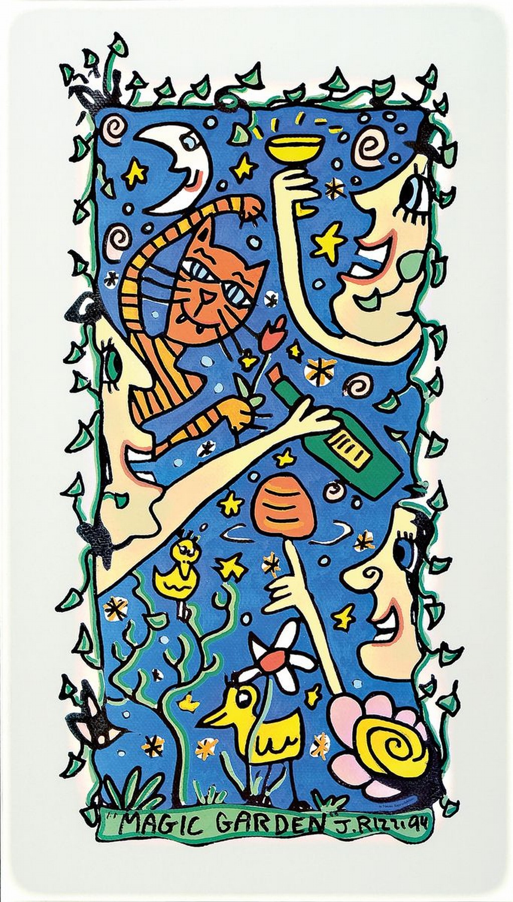 James Rizzi, 1930-2011, Lithografie, magic garden, sign., dat. 94, unter Glas gerahmt, gesamt ca. 70x50 cm