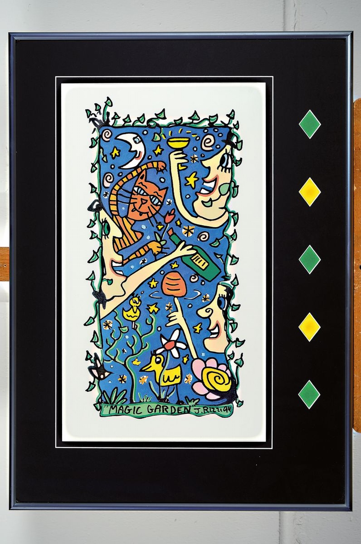 Detail k: James Rizzi, 1930-2011, Lithografie, magic garden, sign., dat. 94, unter Glas gerahmt, gesamt ca. 70x50 cm
