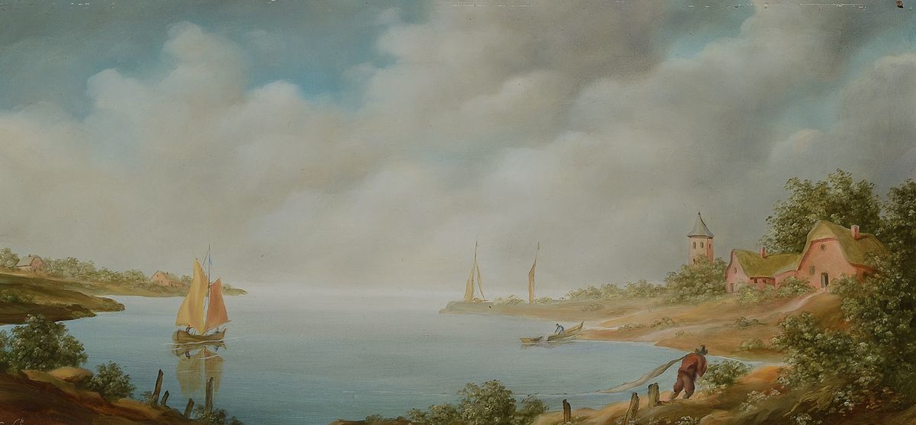 Carl Löger, 1896 Wien-1978, Traditionalist, Seeuferlandschaft, Öl/Hartfaser, links unten signiert, ca. 24x50cm, R. ca. 40x64cm