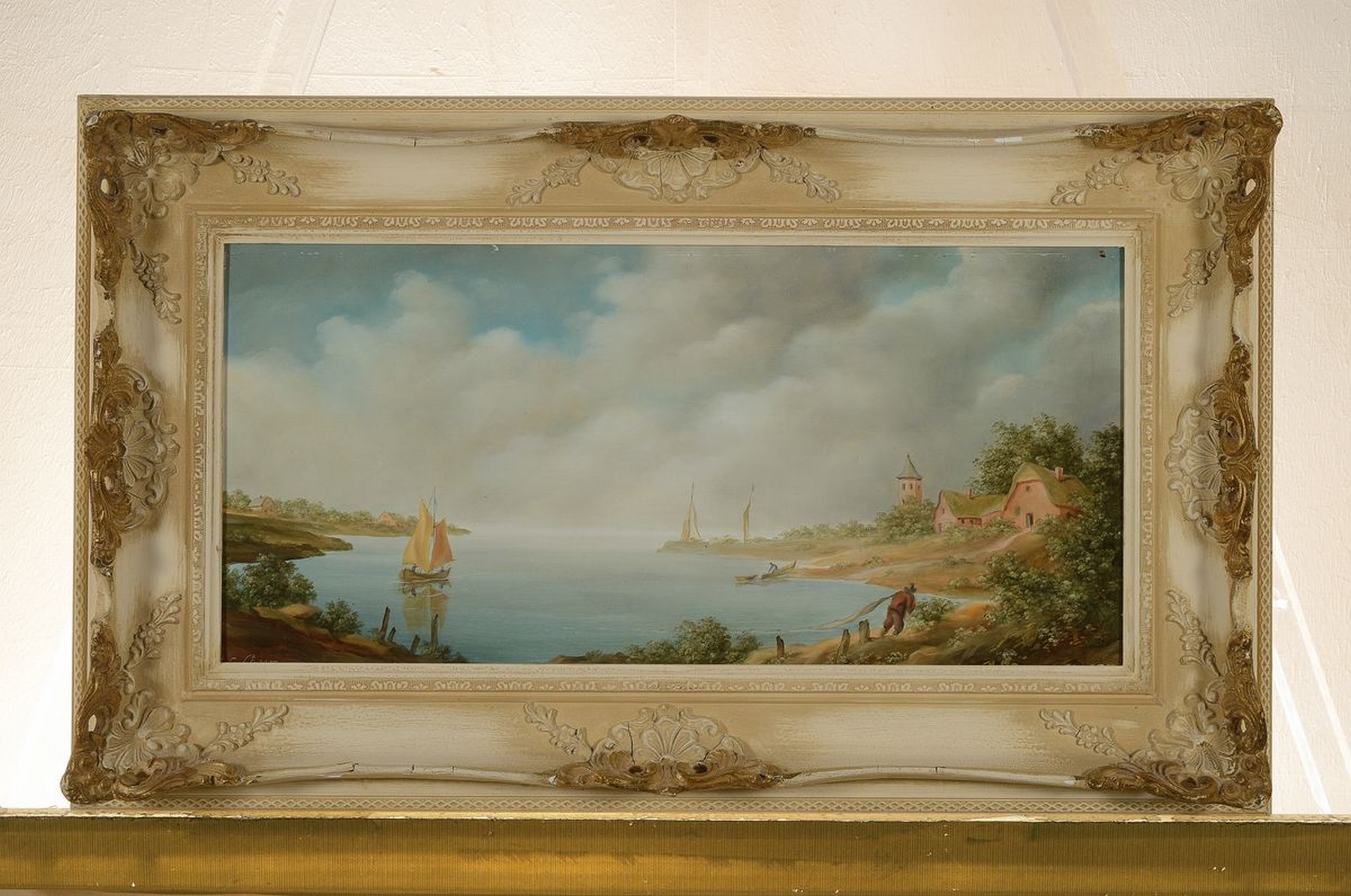 Detail k: Carl Löger, 1896 Wien-1978, Traditionalist, Seeuferlandschaft, Öl/Hartfaser, links unten signiert, ca. 24x50cm, R. ca. 40x64cm