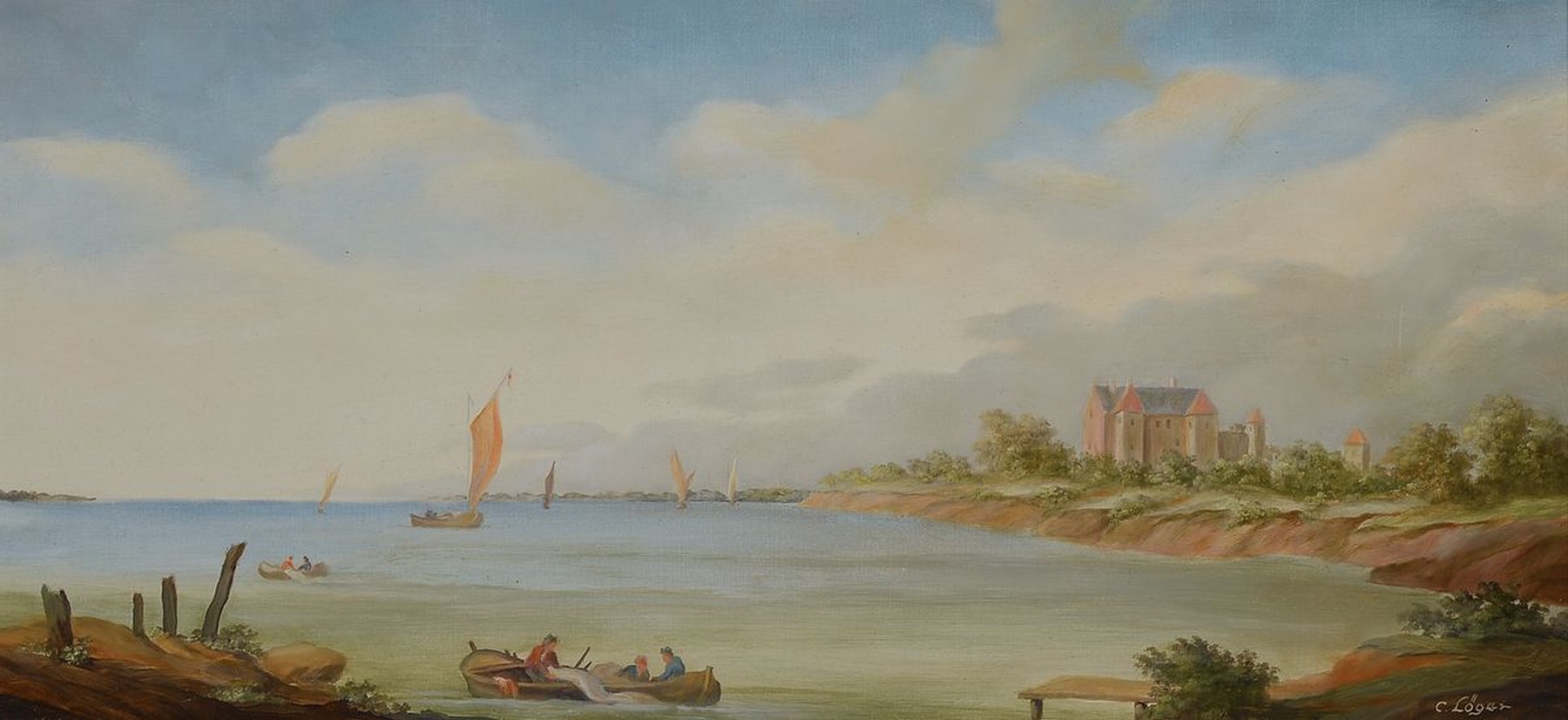 Carl Löger, 1896 Wien-1978, Traditionalist, Seeuferlandschaft, Öl/Hartfaser, links unten signiert, ca. 24x50cm, R. ca. 40x64cm