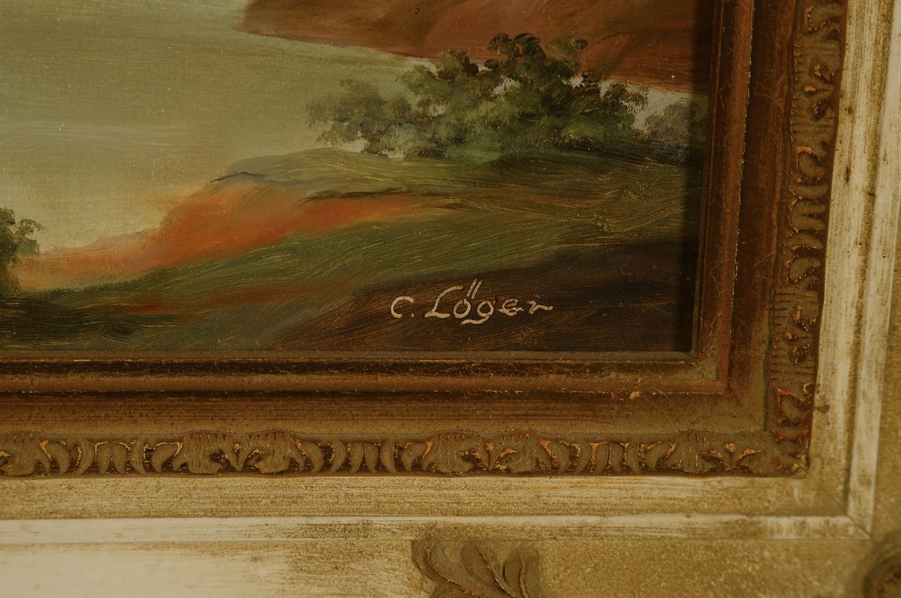 Detail a: Carl Löger, 1896 Wien-1978, Traditionalist, Seeuferlandschaft, Öl/Hartfaser, links unten signiert, ca. 24x50cm, R. ca. 40x64cm