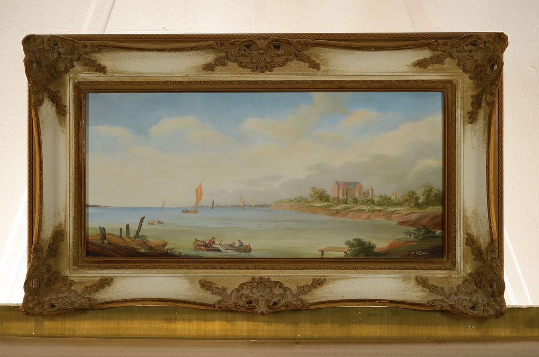 Detail k: Carl Löger, 1896 Wien-1978, Traditionalist, Seeuferlandschaft, Öl/Hartfaser, links unten signiert, ca. 24x50cm, R. ca. 40x64cm